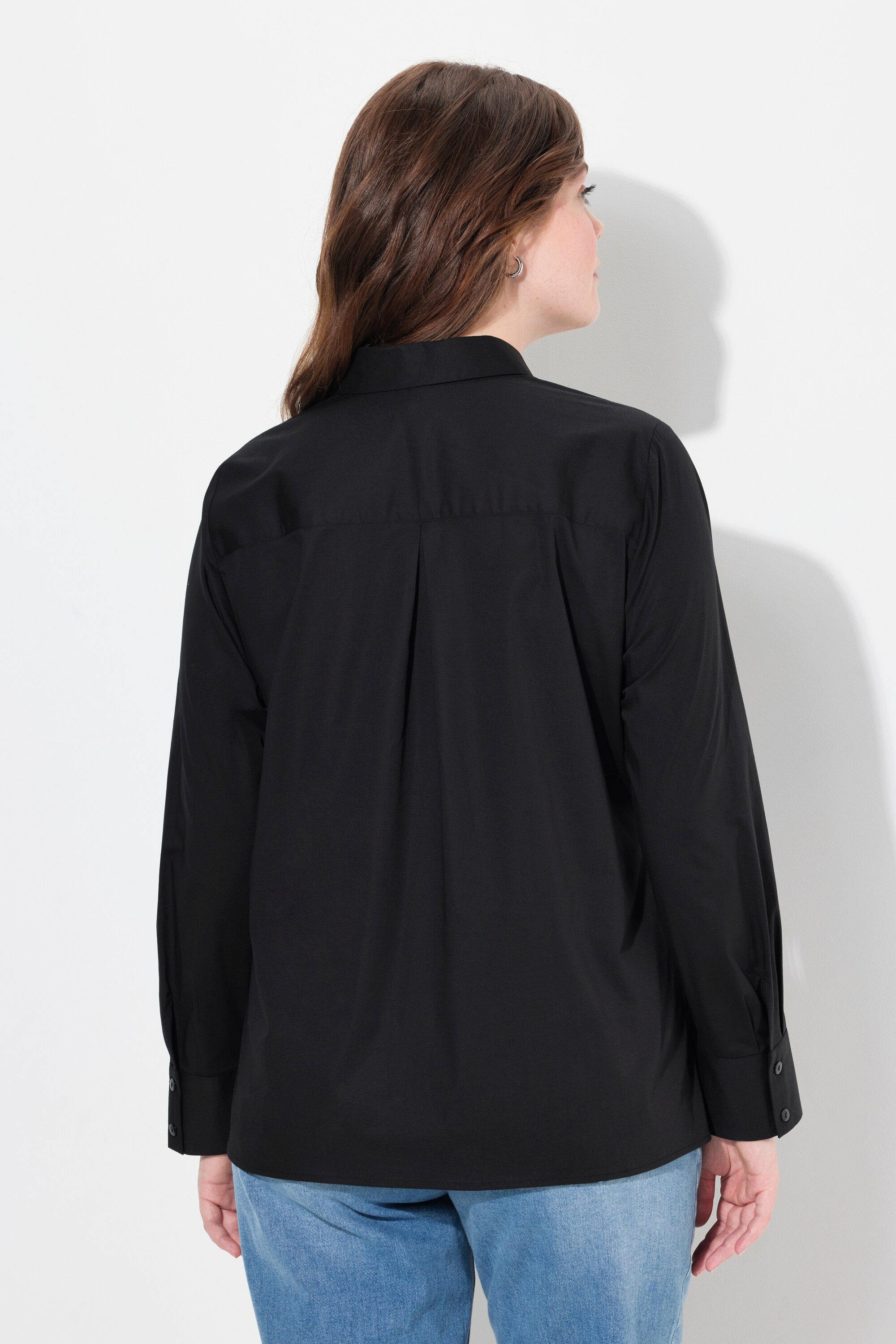 Ulla Popken Hemdbluse Bluse drapiert Hemdkragen Langarm Biobaumwolle