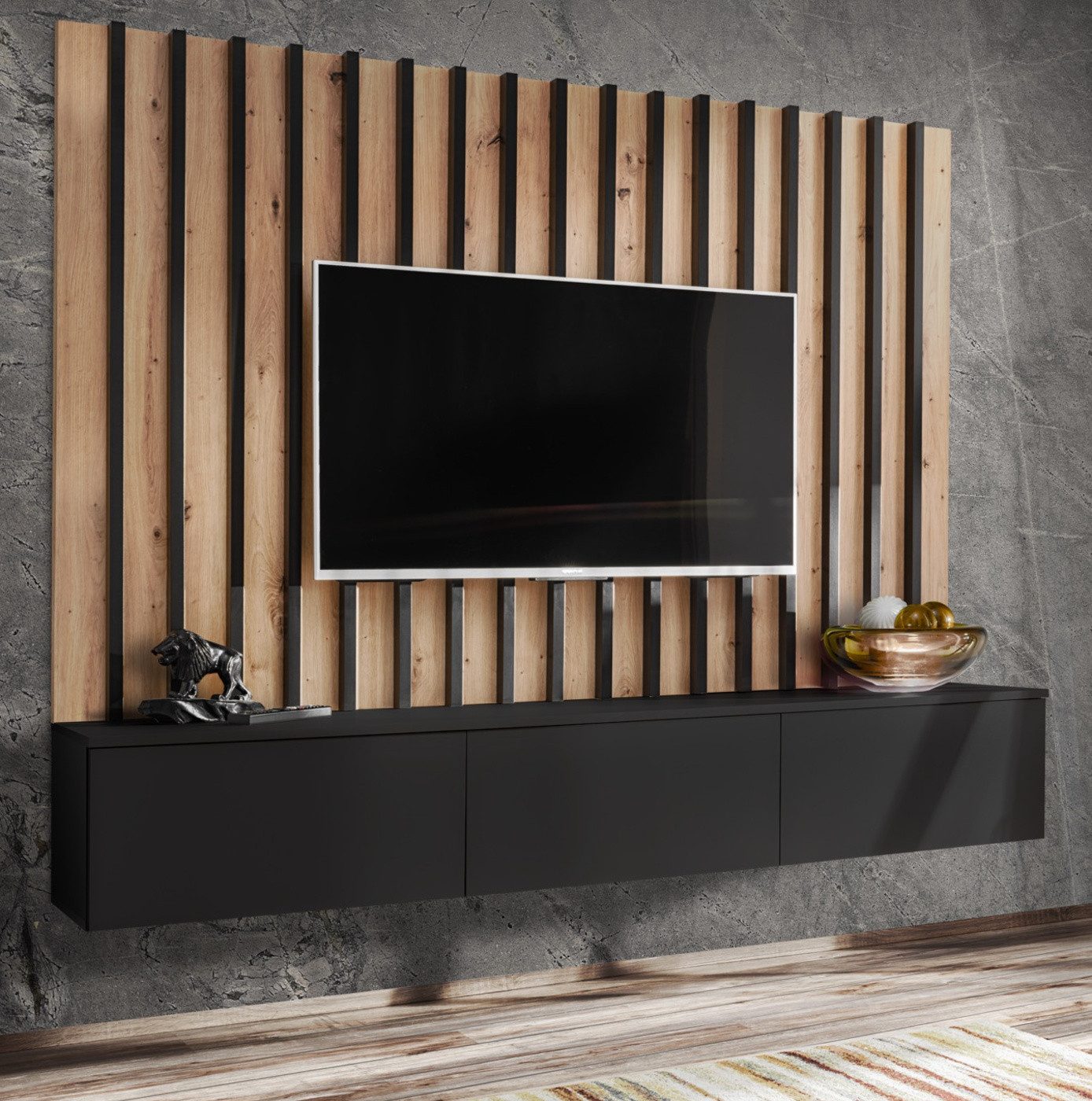 Furn.Design Lowboard Pearl (TV Mediawand in schwarz mit Eiche, Set inkl. Wandpaneel), Push-To-Open-Funktion – Bild 5 von 5
