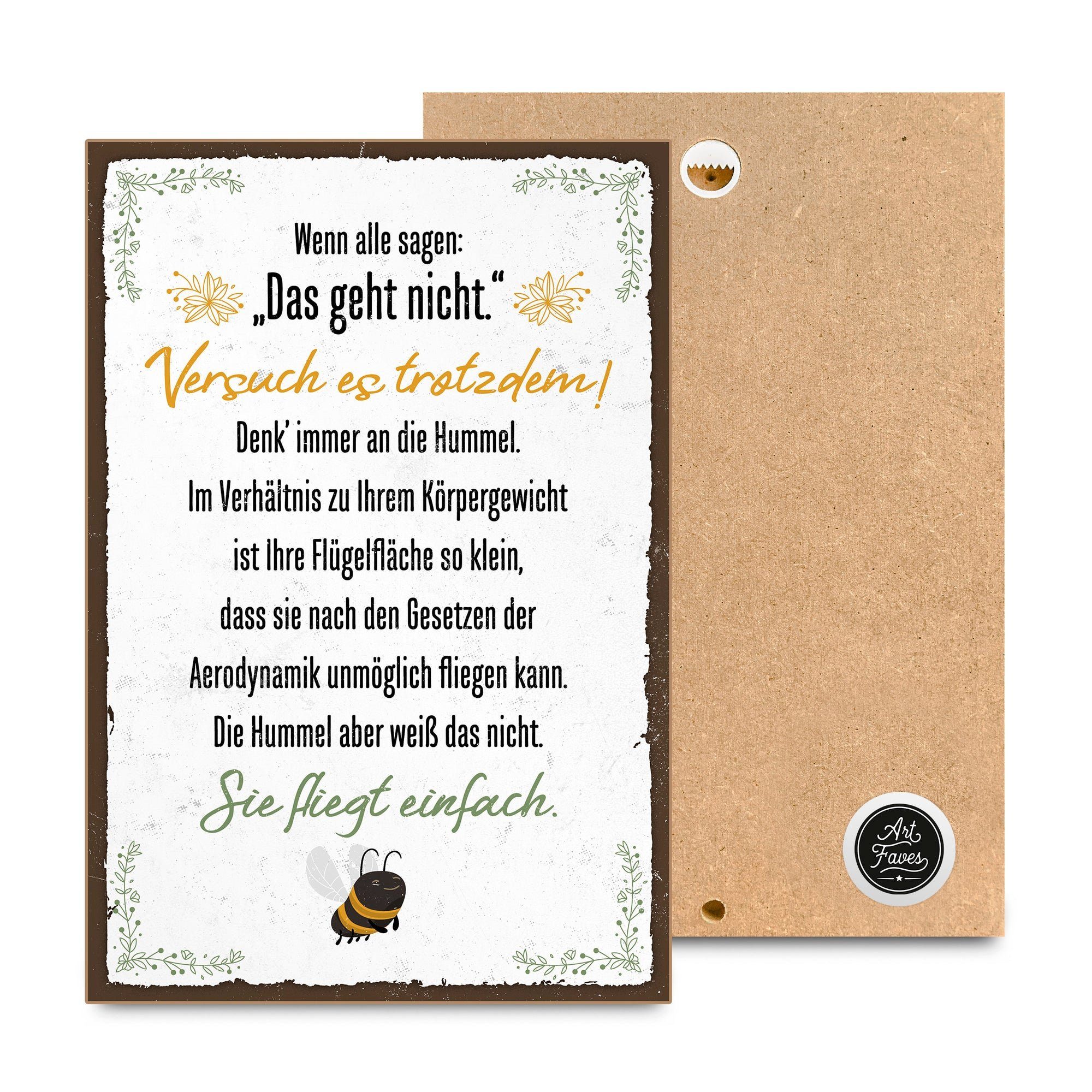 ARTFAVES Holzbild Hummel fliegt einfach, Geschenk zum Thema