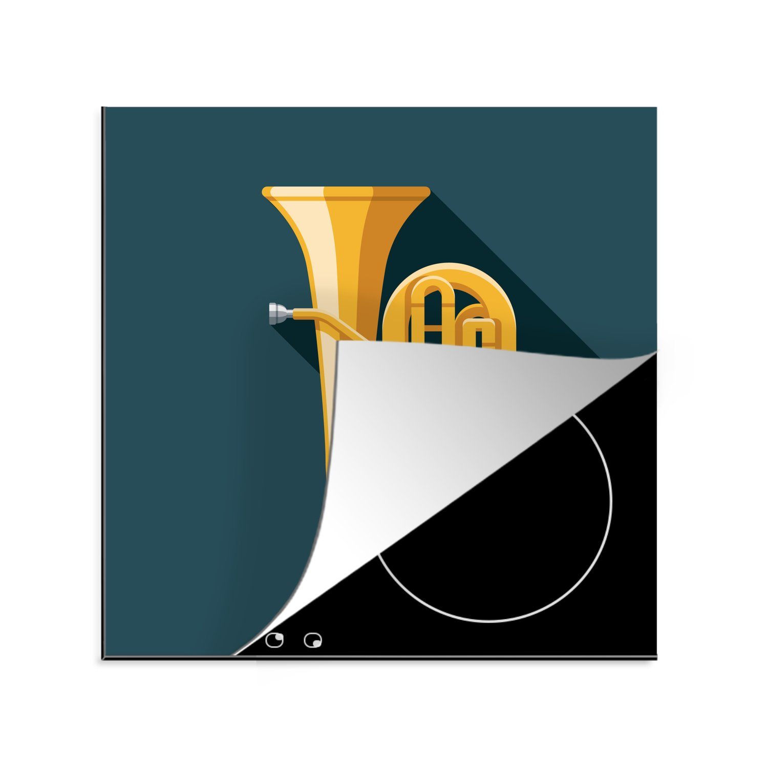 MuchoWow Herdblende-/Abdeckplatte Ein Piktogramm, das eine goldene Tuba darstellt, Vinyl, (1 tlg), 78x78 cm, Ceranfeldabdeckung, Arbeitsplatte für küche
