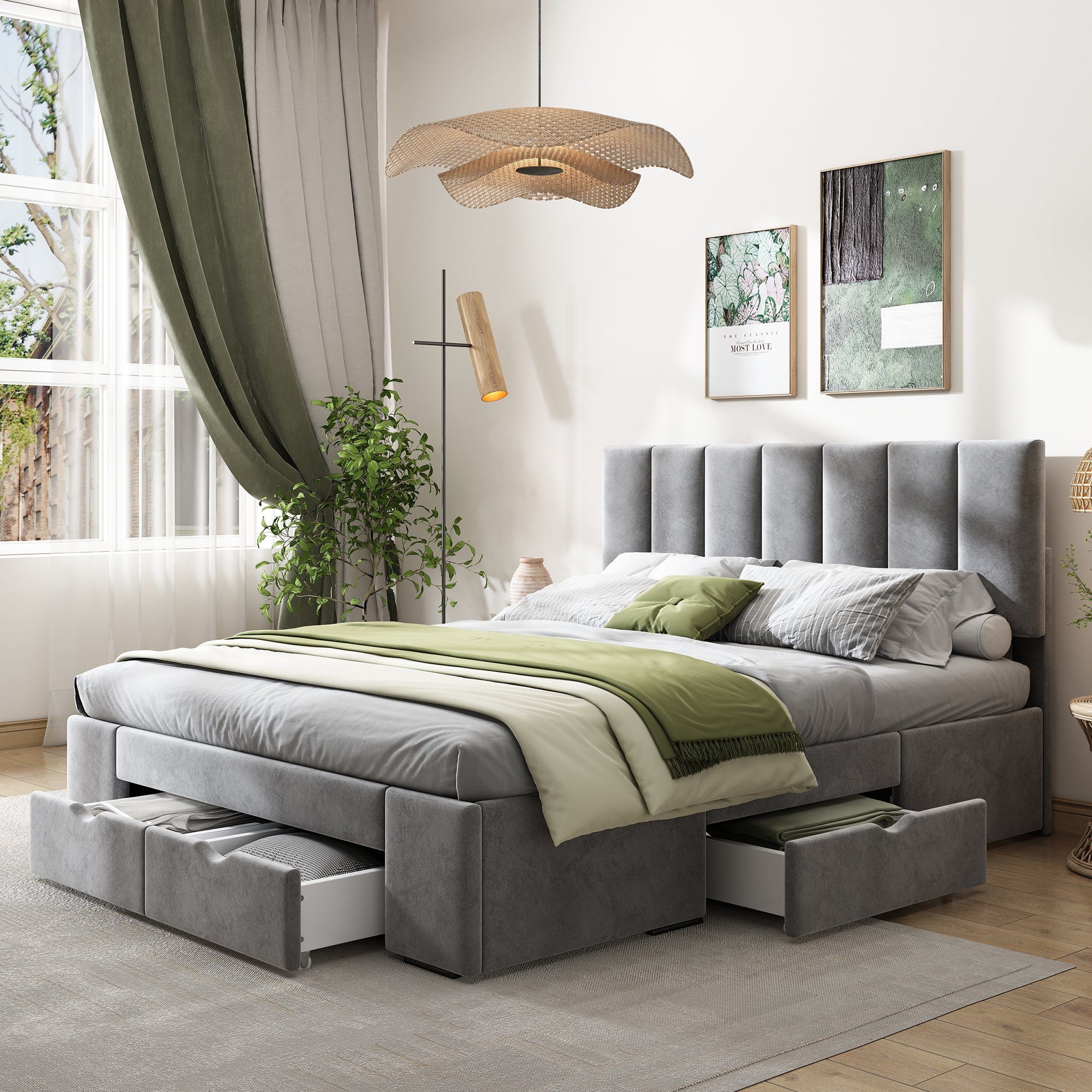 Polsterbett (ausziehbare Bettkästen und verstellbarem Kopfteil), 140x200 cm Bett mit 4 Schubladen & Lattenrost, Samt