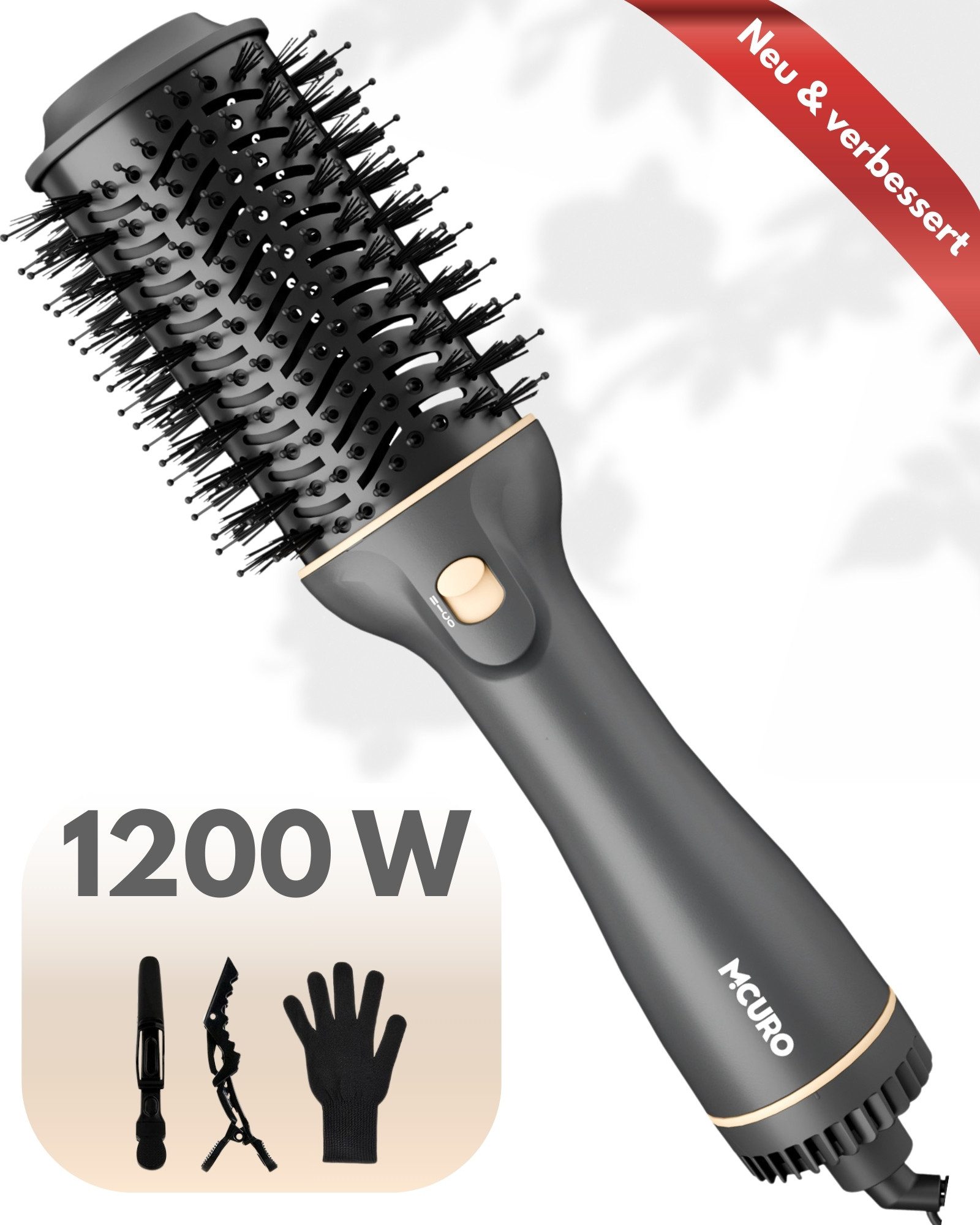 MCURO Lockenstab Warmluftbürste One-Step Haartrockner Multihaarstyler,1200 W, Ionen-Technologie reduzieren Frizz und verhindern Schäden, Föhnbürste ideal für Reisen Inkl.Haarspange*2