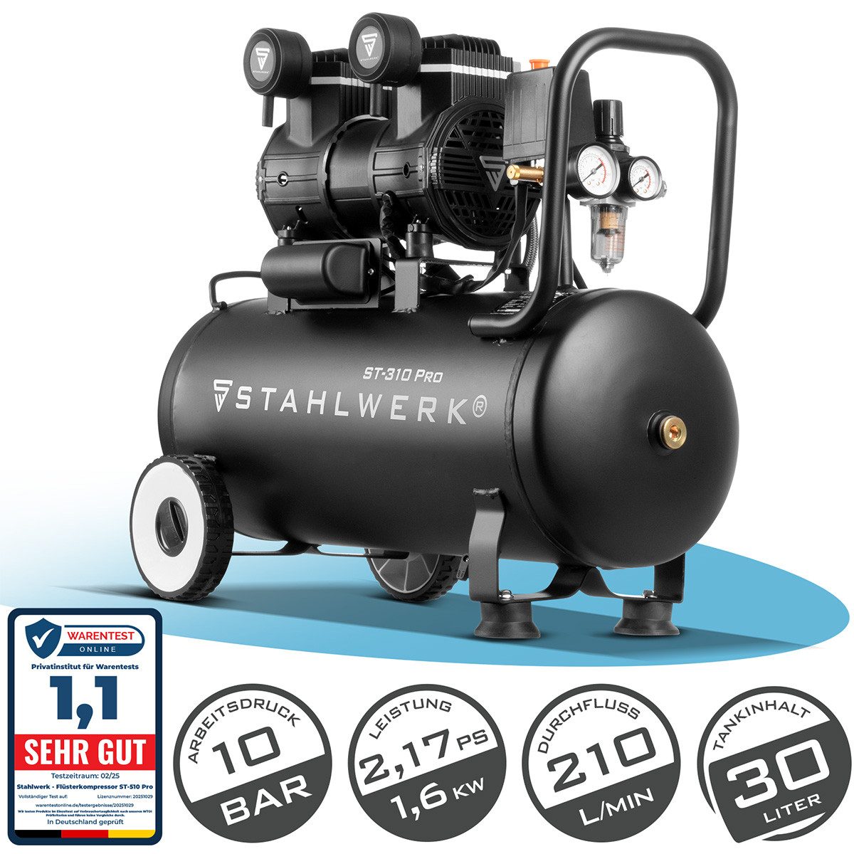 STAHLWERK Kompressor Kompressor ST-310 Pro mit 10 bar, 2,1 PS, 1,6 kW, 1600 W, max. 10 bar, 30 l, Gerät, 1-tlg., Einzelgerät, Flüster-Kompressor mit Brushless-Motoren