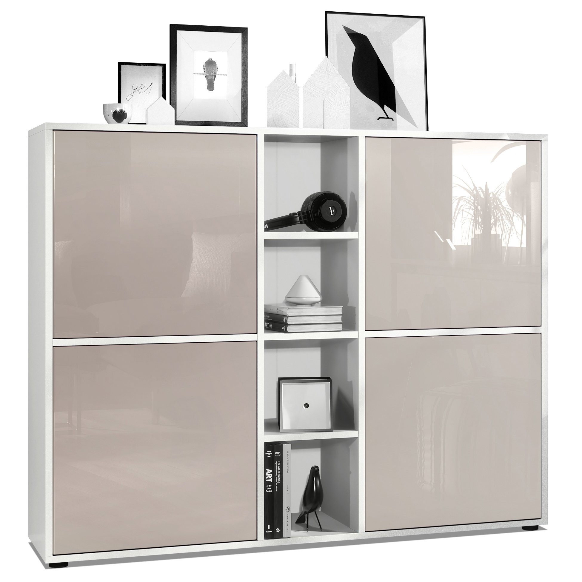 Vladon Highboard Cuba V3 (Highboard, Schrank Anrichte Cuba V3 mit 12 Fächern), Korpus in Weiß matt / in Sandgrau glänzend (130,5x105,5x35,5 cm)