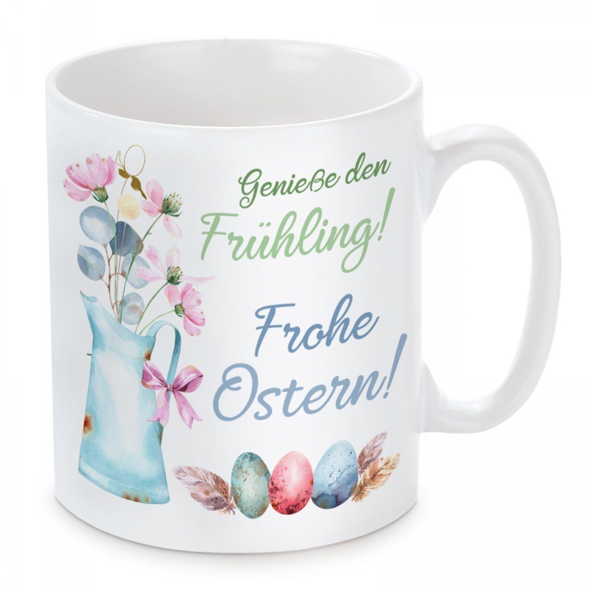 Herzbotschaft Tasse Kaffeebecher mit Motiv Genieße den Frühling! Frohe Ostern, Keramik, Kaffeetasse spülmaschinenfest und mikrowellengeeignet