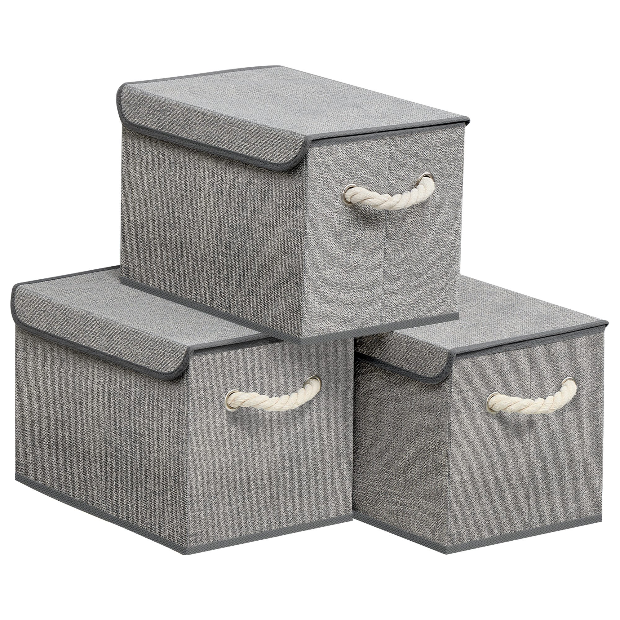 SONGMICS Aufbewahrungsbox 3er Set Stoffboxen klappbar, 38 x 25 x 25 cm, für Schlafzimmer, Wohnzimmer, mit Deckel, Griffe