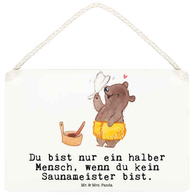 Mr. & Mrs. Panda Hinweisschild DIN A6 Saunameister Herz - Weiß - Geschenk, Deko Schild, Holzschild, (1 St), Mit Kordel