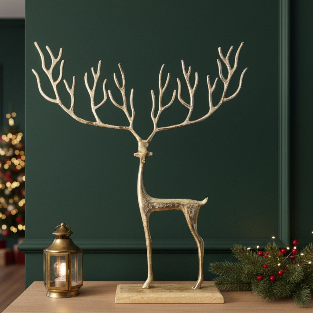 MF Skulptur Goldenes Rentier mit Grafischem Geweih Hirsch Weihnachtsdeko