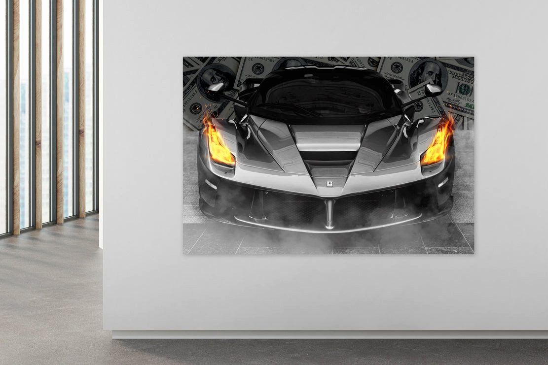 Artedinoi Leinwandbild Sportwagen Silber Geldscheine Dollar-Noten Auto Geld Wandbild Leinwand, Silberner Sportwagen mit Dollar