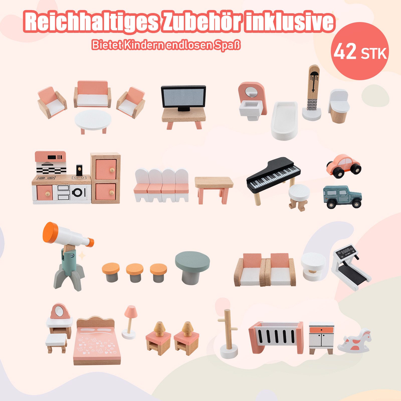 KOMFOTTEU Puppenhaus, 3-stöckiges Dollhouse mit 7 Zimmern, 42 Zubehörteilen