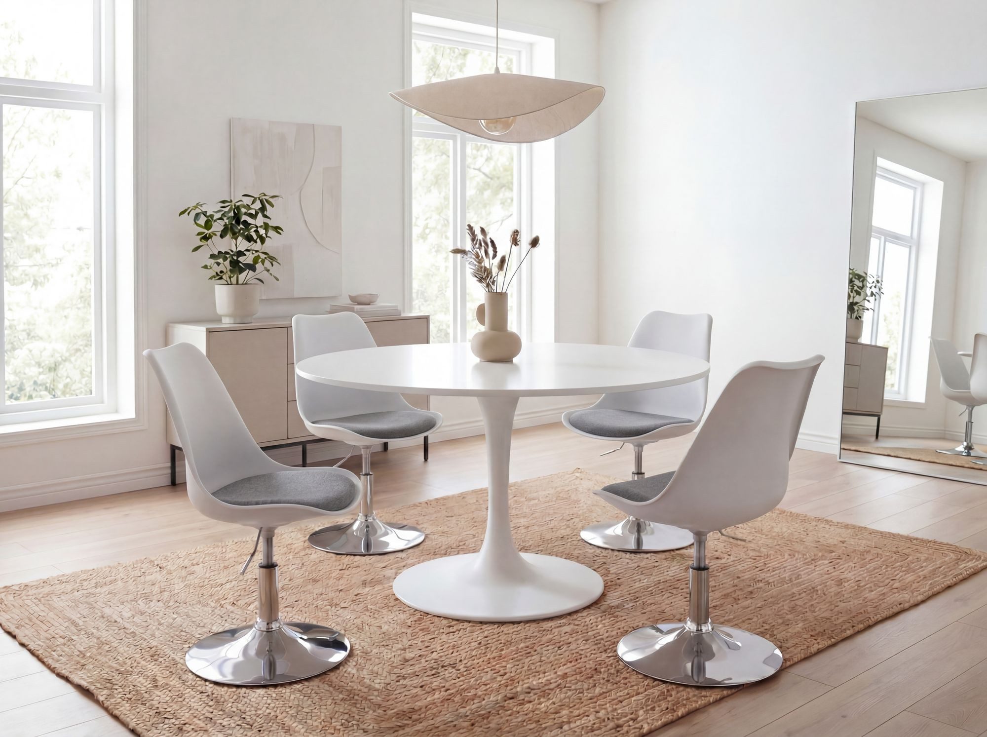 FINEBUY Esszimmerstuhl Drehsessel Höhenverstellbar Design Drehstuhl Drehbar (Drehsessel Stoff Esszimmerstuhl Weiß / Grau), Drehsessel, Küchenstuhl Höhenverstellbar