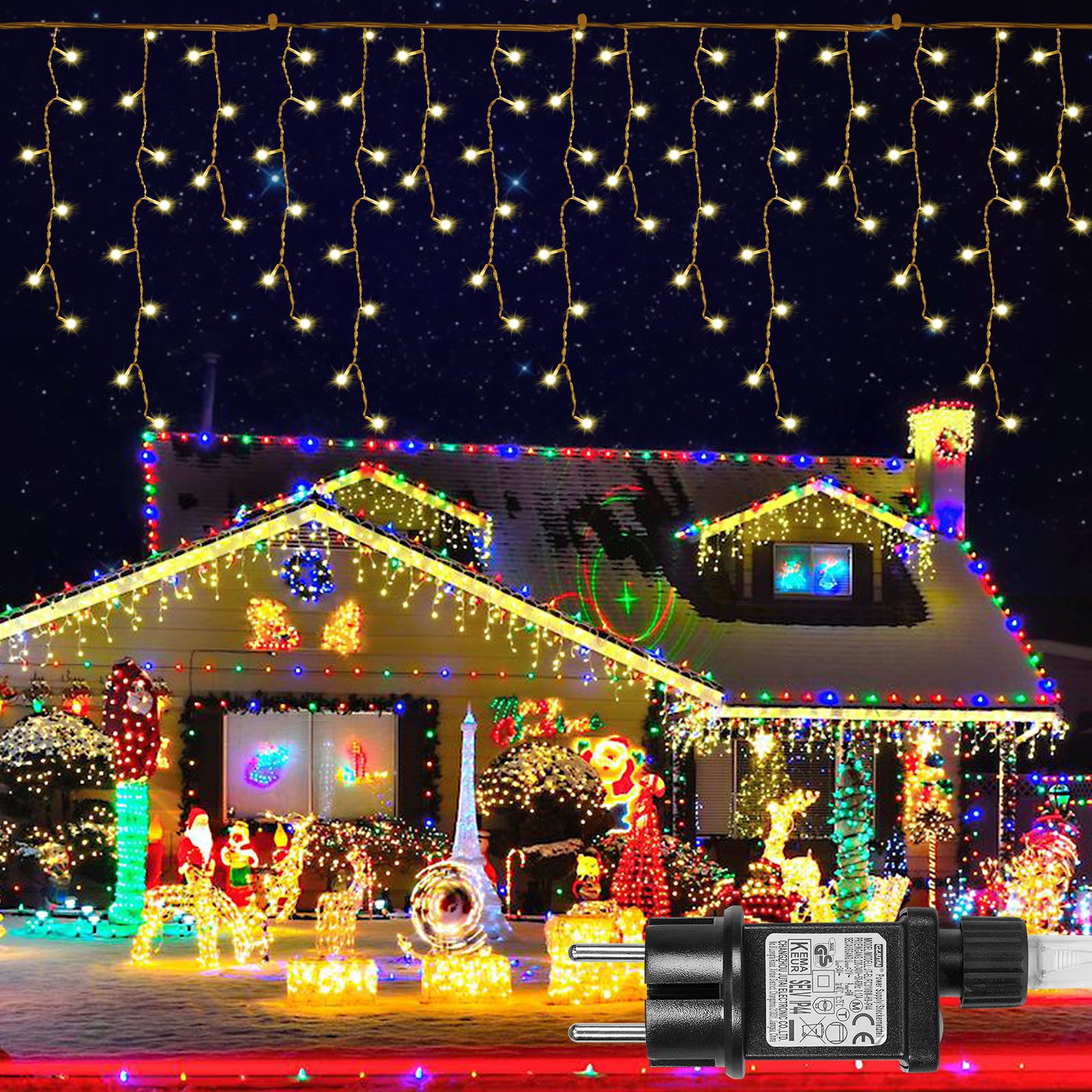 Rosnek Lichtervorhang 31V, 5-15M, 8 Modi, Timer, für Weihnachten Dach Fenster, 600-flammig, Eiszapfen, Speicherfunktion, für Hochzeit Haus Dekorationen