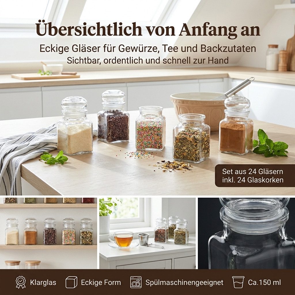 gouveo Vorratsglas Gewürzgläser 150 ml eckig mit Glaskorken - Gläser mit Glasstopfen, (24-tlg), Glaskorken, eckige Form, luftdicht verschließbar – Bild 2 von 5