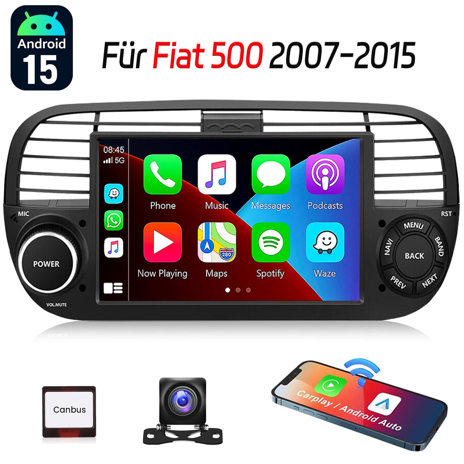 DAB+ Für 2007-15 Fiat 500 7" Android15 Carplay GPS RDS NAVI 4+64GB Autoradio