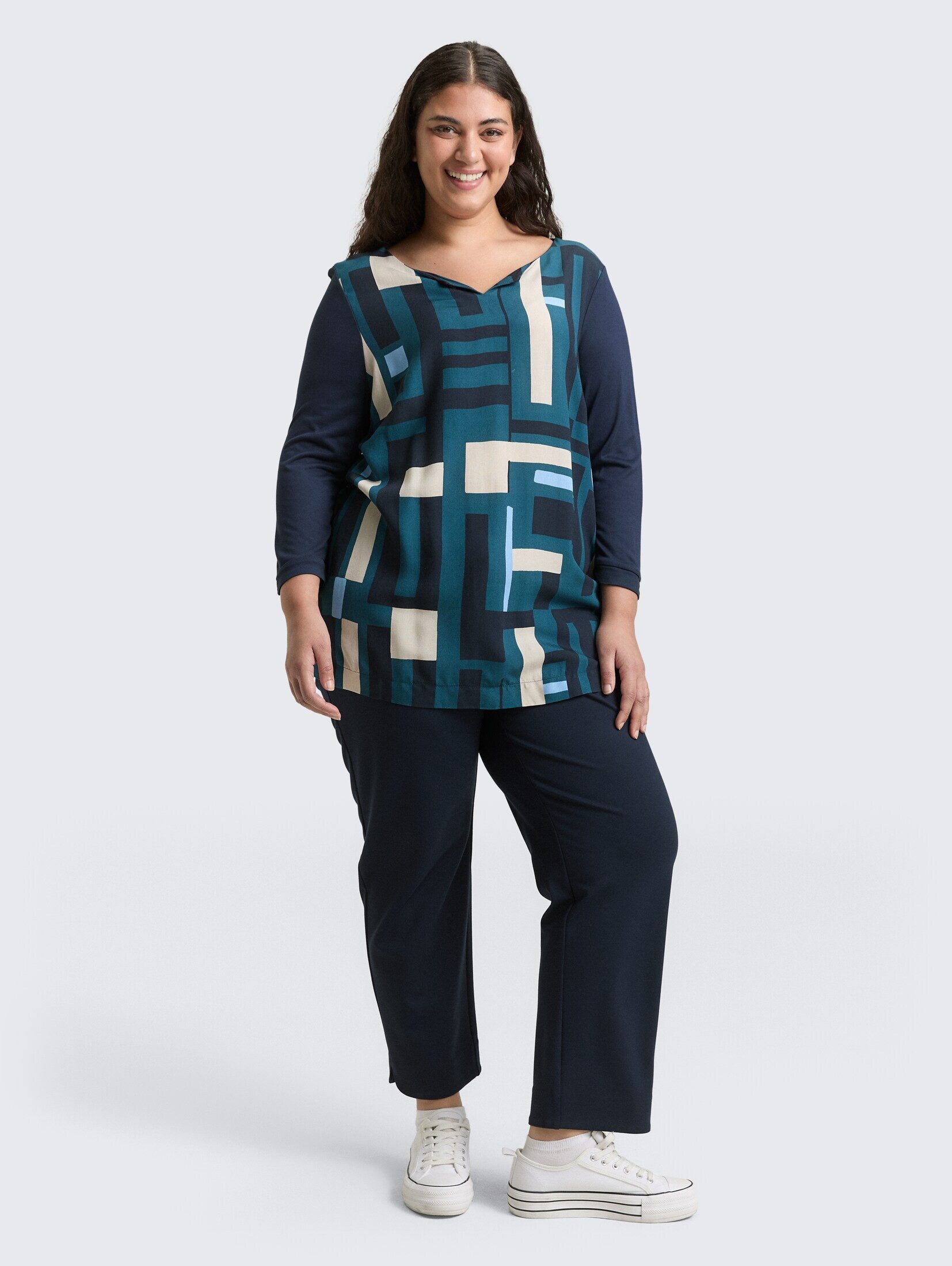 TOM TAILOR PLUS 3/4-Arm-Shirt T-Shirt Plus Size - Langarmshirt im Material-Mix