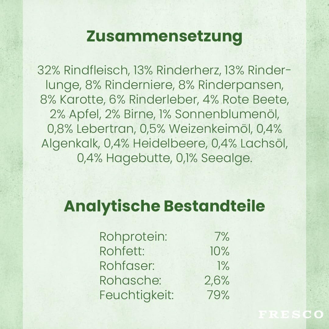Fresco Dog NassBarf Premium Hundefutter Nass 12 x 400g, Rind, Nassfutter für: Hunde, Getreidefrei, zuckerfrei & hoher Fleischanteil