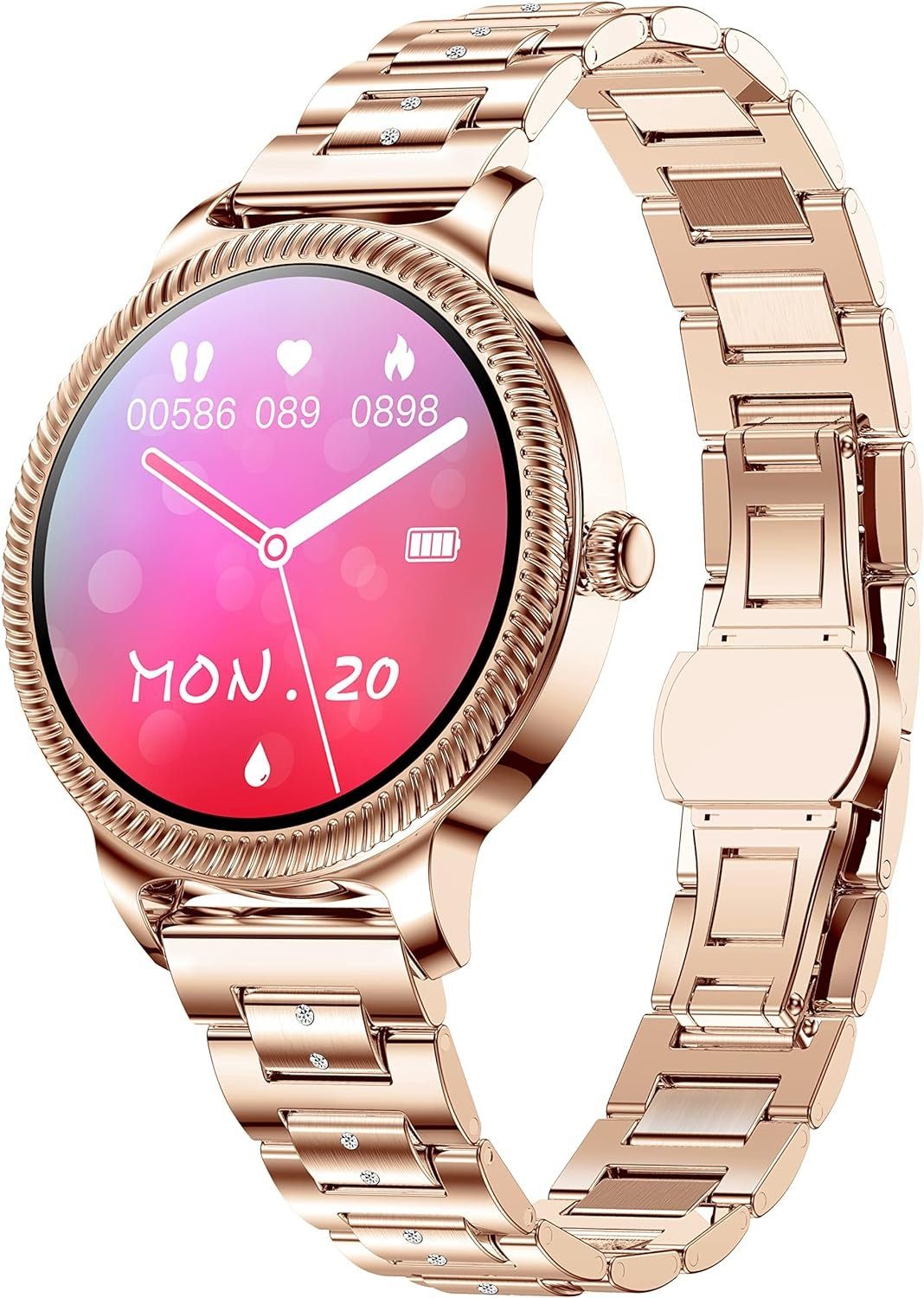 findtime Smartwatch (1,09 Zoll, Android iOS), Damen armkette rosegold silber schmuck armreif edelstahl pulsmesser