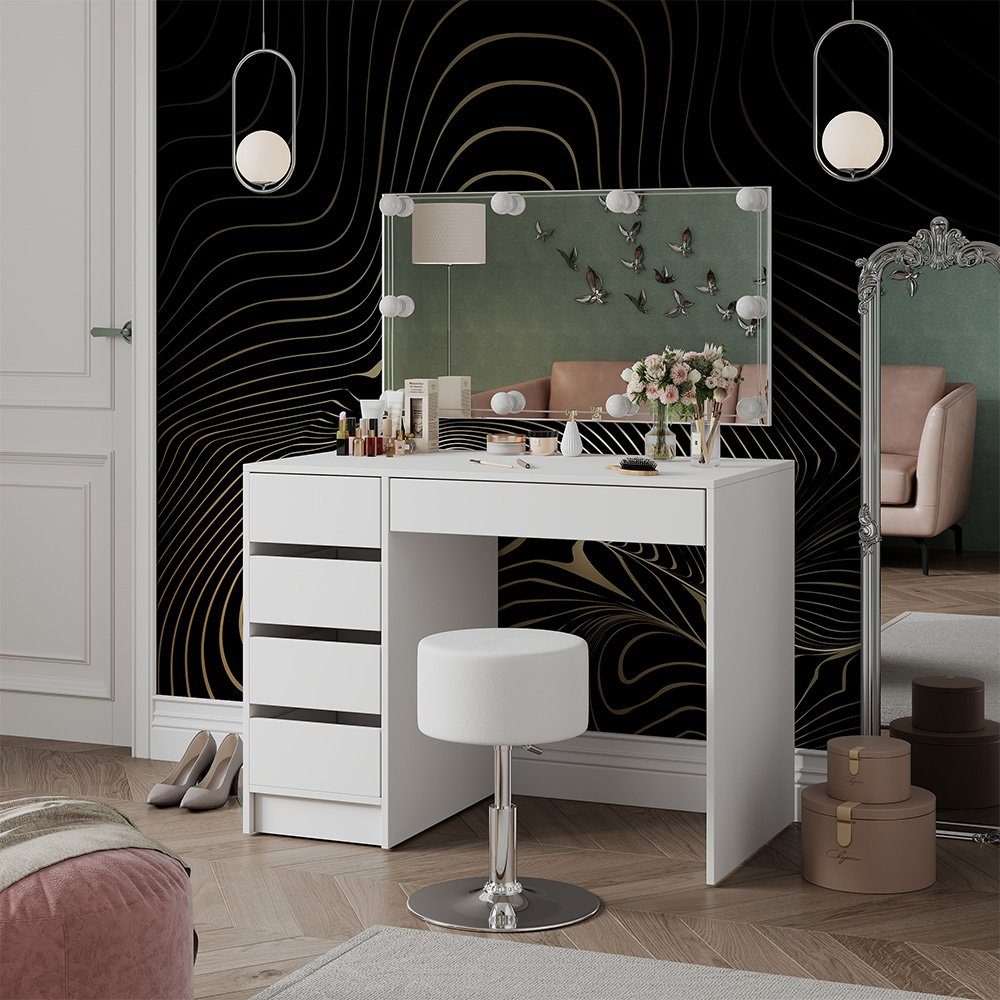 Vicco Schminktisch Thalia, Weiß Hochglanz, 100 cm mit LED Beleuchtung und Hocker (3-St)