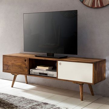 Wohnling Lowboard WL1.974 (TV-Board Sheesham Massivholz 140 cm, Regal Weiß), TV-Kommode mit 2 Türen und 1 Fach, Kabeldurchlass