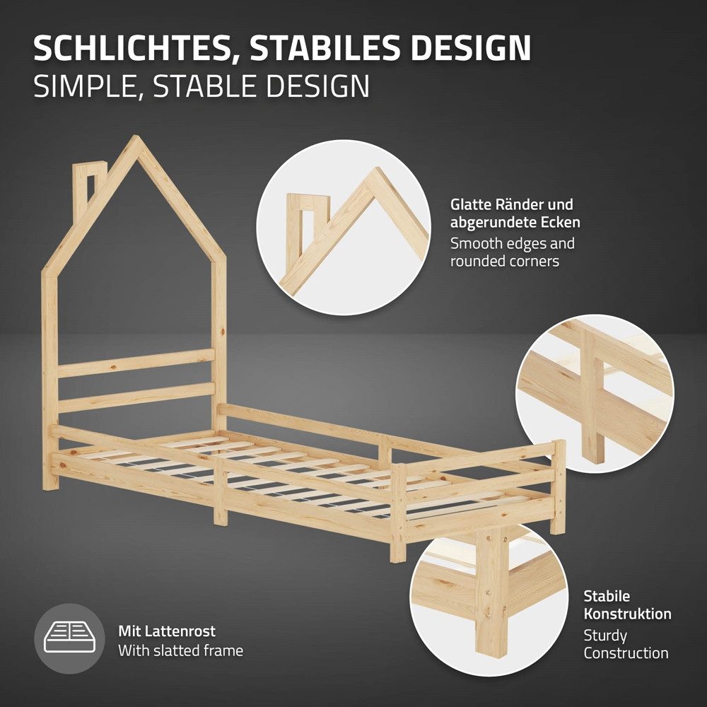 ML-DESIGN Spielbett Hausbett Holzbett mit Lattenrost Jugendbett aus massivem Kiefernholz, Abenteuerbett 90x200cm Natur Bett für Kinder Bettenhaus Kinderbett
