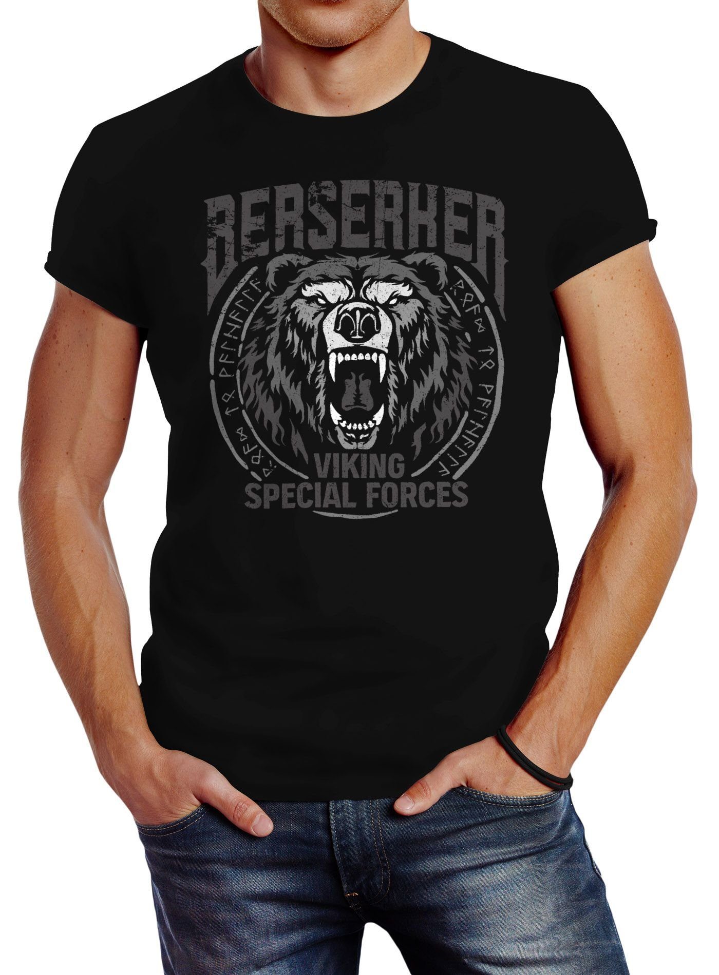 Neverless Print-Shirt T-Shirt Fashion Bär Berserker Print Streetstyle Mythologie Neverless® mit nordische Viking Runen Herren