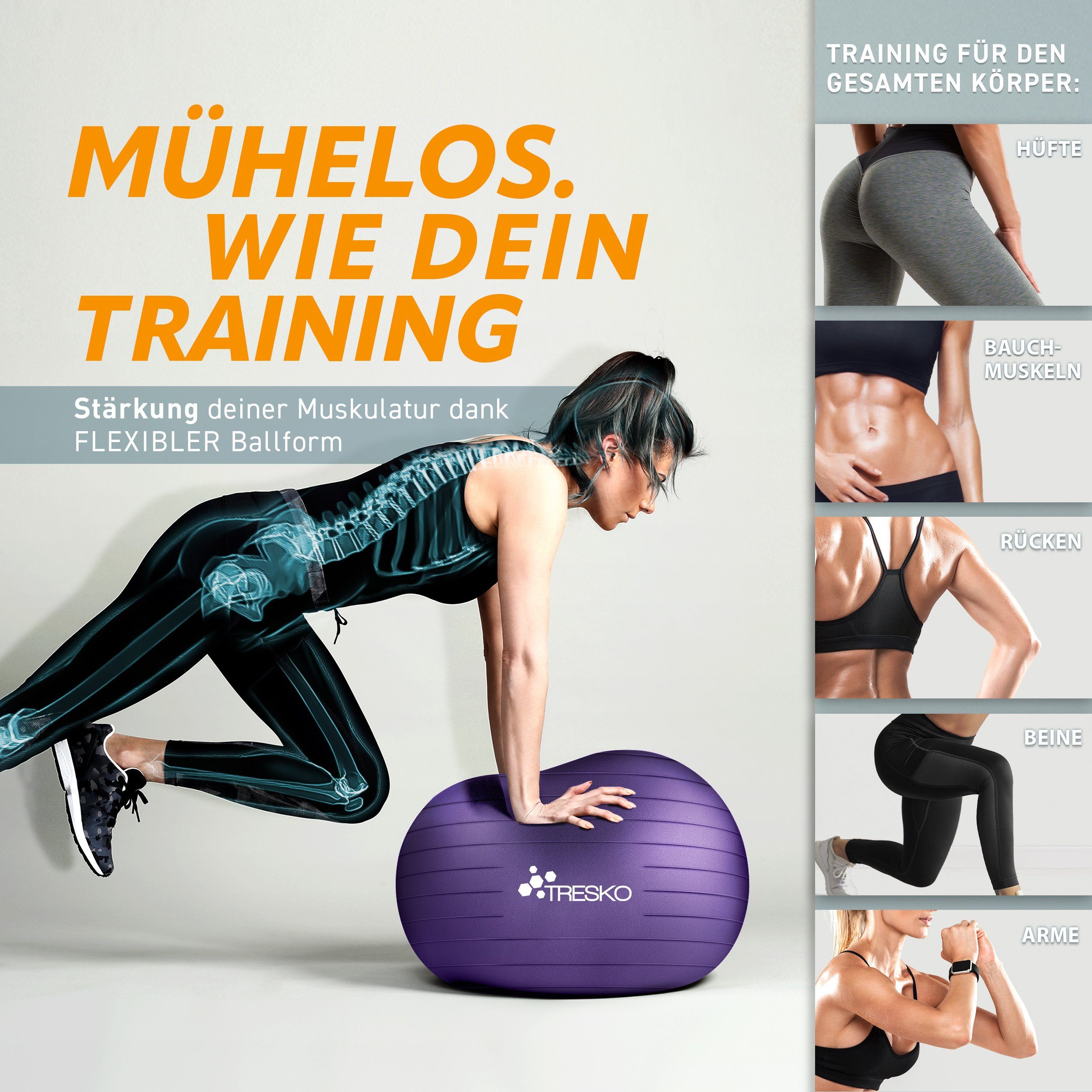 TRESKO Gymnastikball mit GRATIS Übungsposter inkl. Luftpumpe Yogaball, BPA-Frei Sitzball Büro Anti-Burst inkl. Luftpumpe, Fitnessball