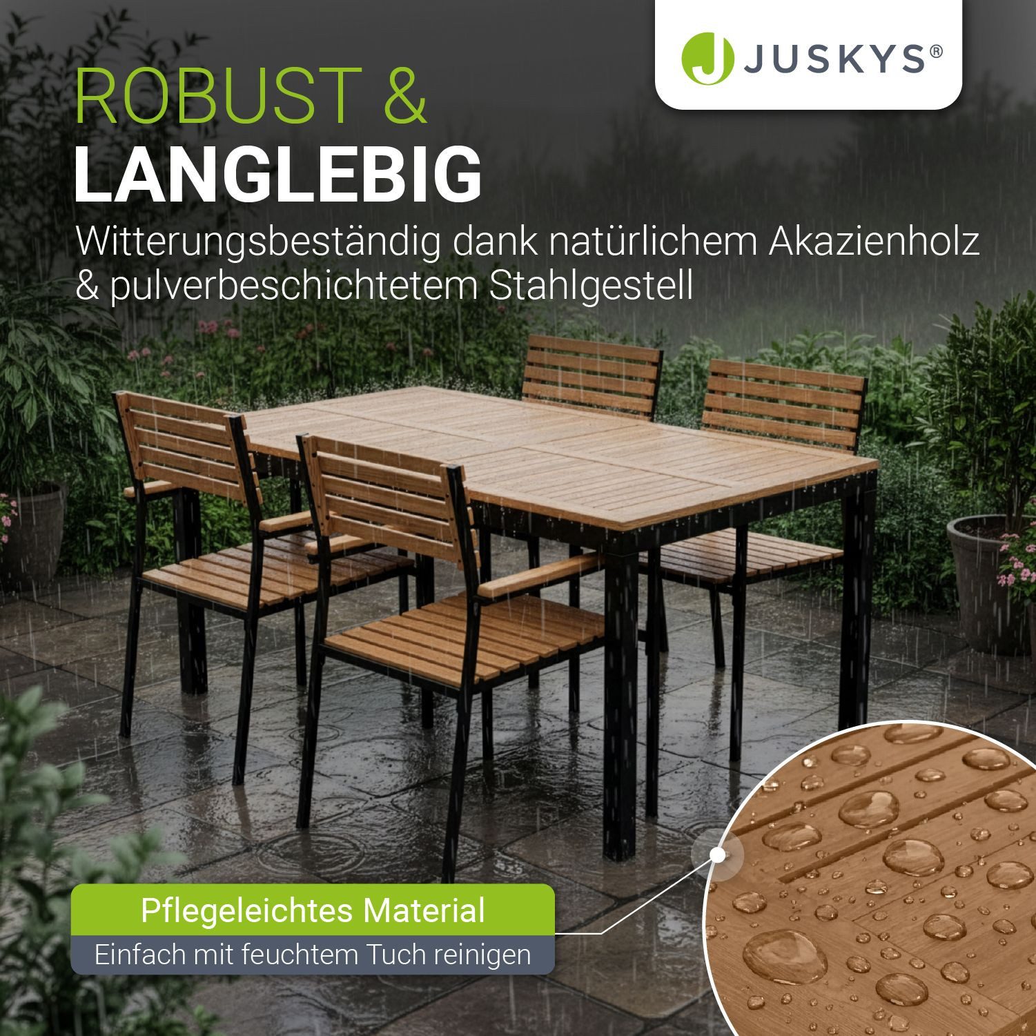 Juskys Garten-Essgruppe Rhodos, (5-tlg), mit Tisch, 4 Stühlen & Kissen, elegante Holzelemente
