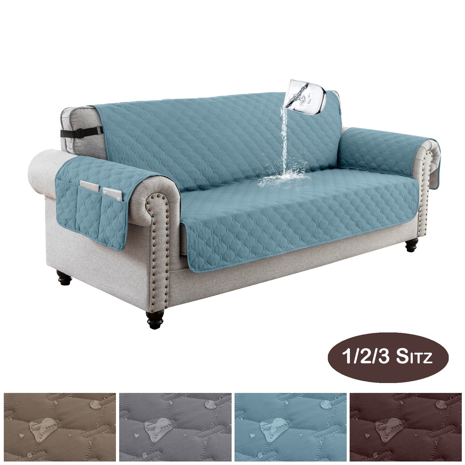 Riemen-Befestigung 1/2/3 Sofaschoner Sesselschoner mit BTTO, Sesselschoner Blau Farben,3 Sitzer Größen, Taschen, 4 Sofahusse Rutschfeste,Wasserdicht