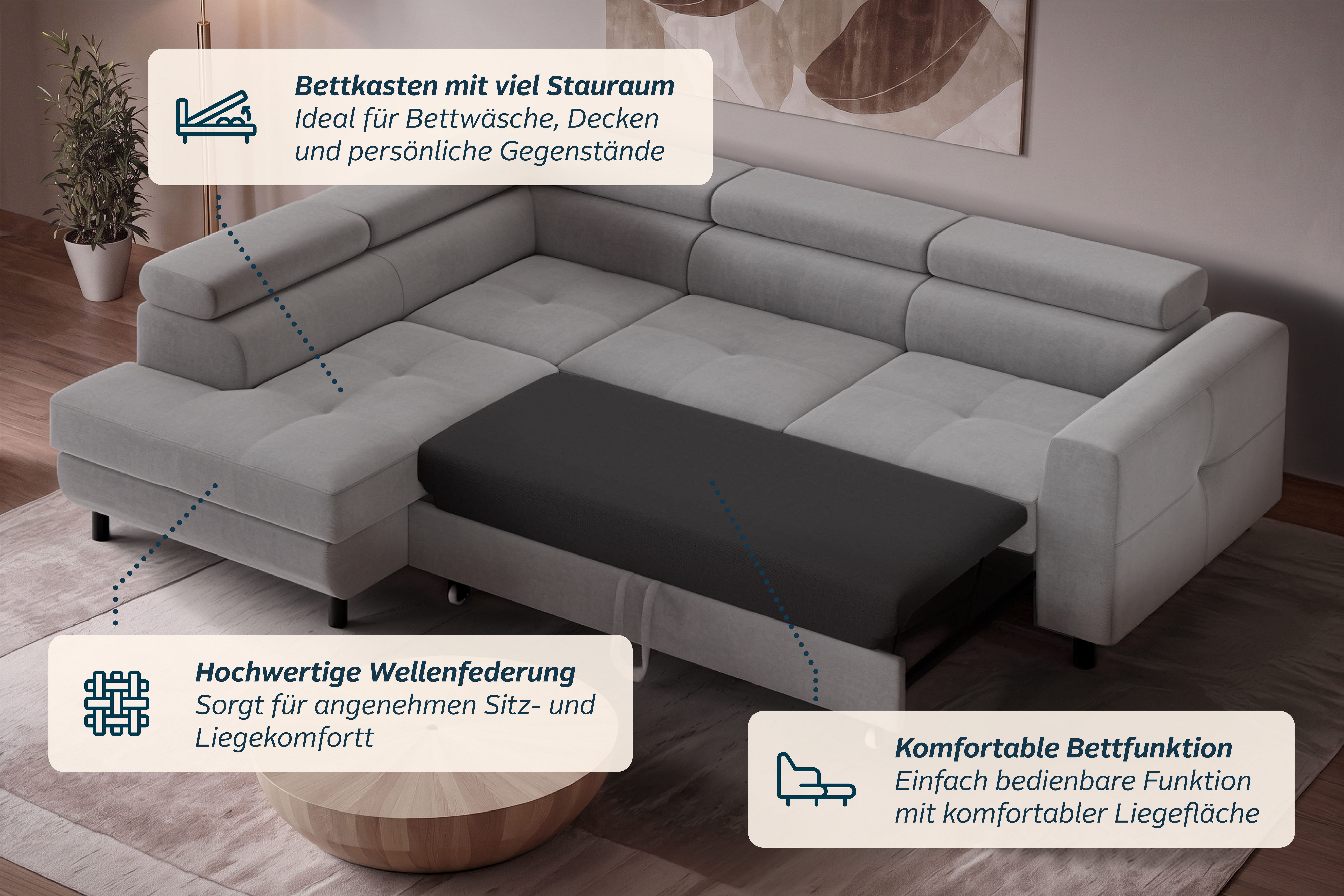 OTTO home Ecksofa AADEN Schlafsofa 254 cm - OTTO. Verlässliche Qualität., mit Bettfunktion, Bettkasten, Kopfstützen, rechts/links bestellbar – Bild 4 von 5