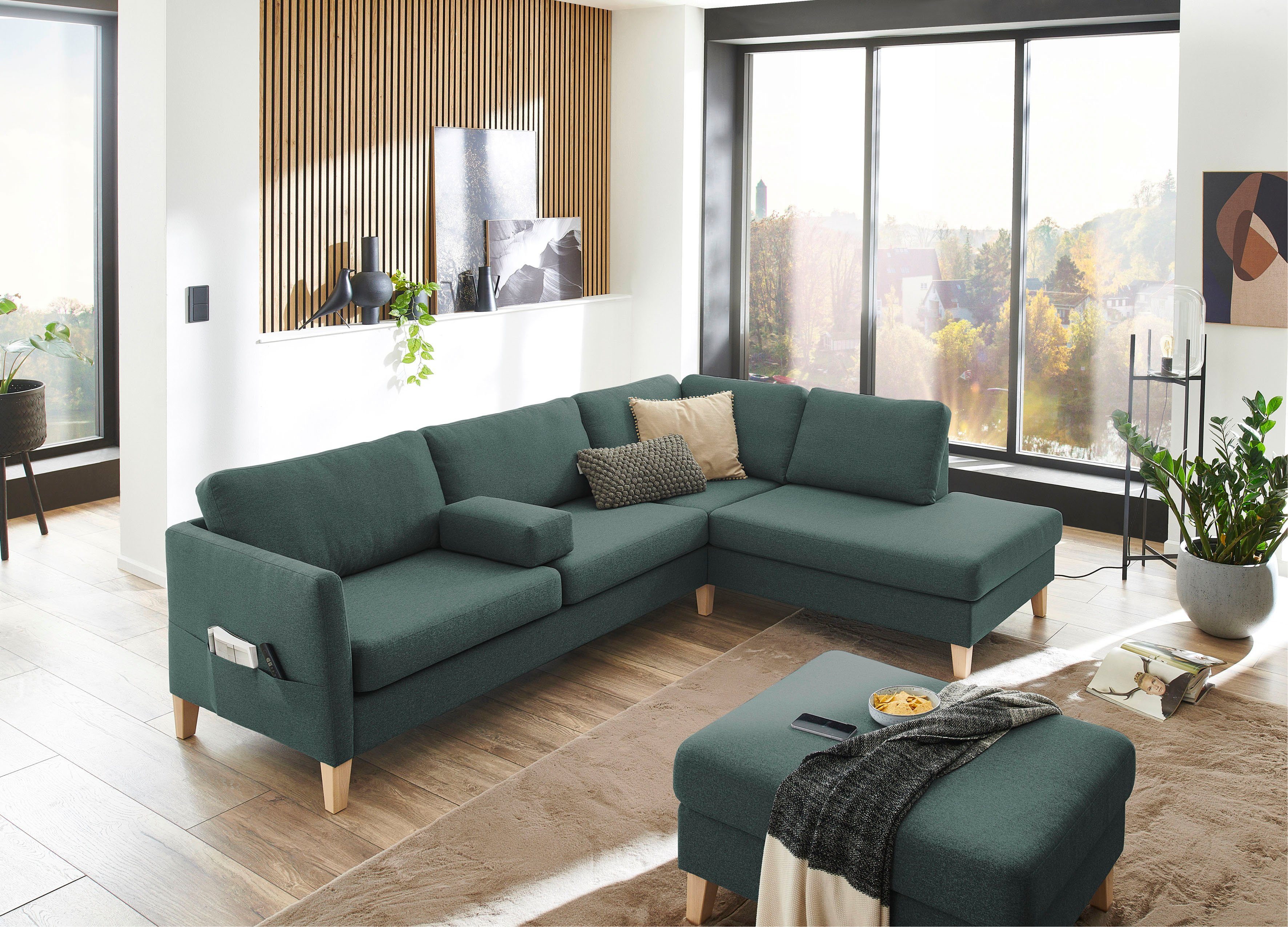 ATLANTIC home collection Ecksofa Mailo L-Form, mit Seitentaschen und Ottomane, mit Massivholzfüßen