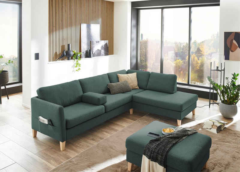 ATLANTIC home collection Ecksofa Mailo, mit Seitentaschen und Ottomane, mit Massivholzfüßen