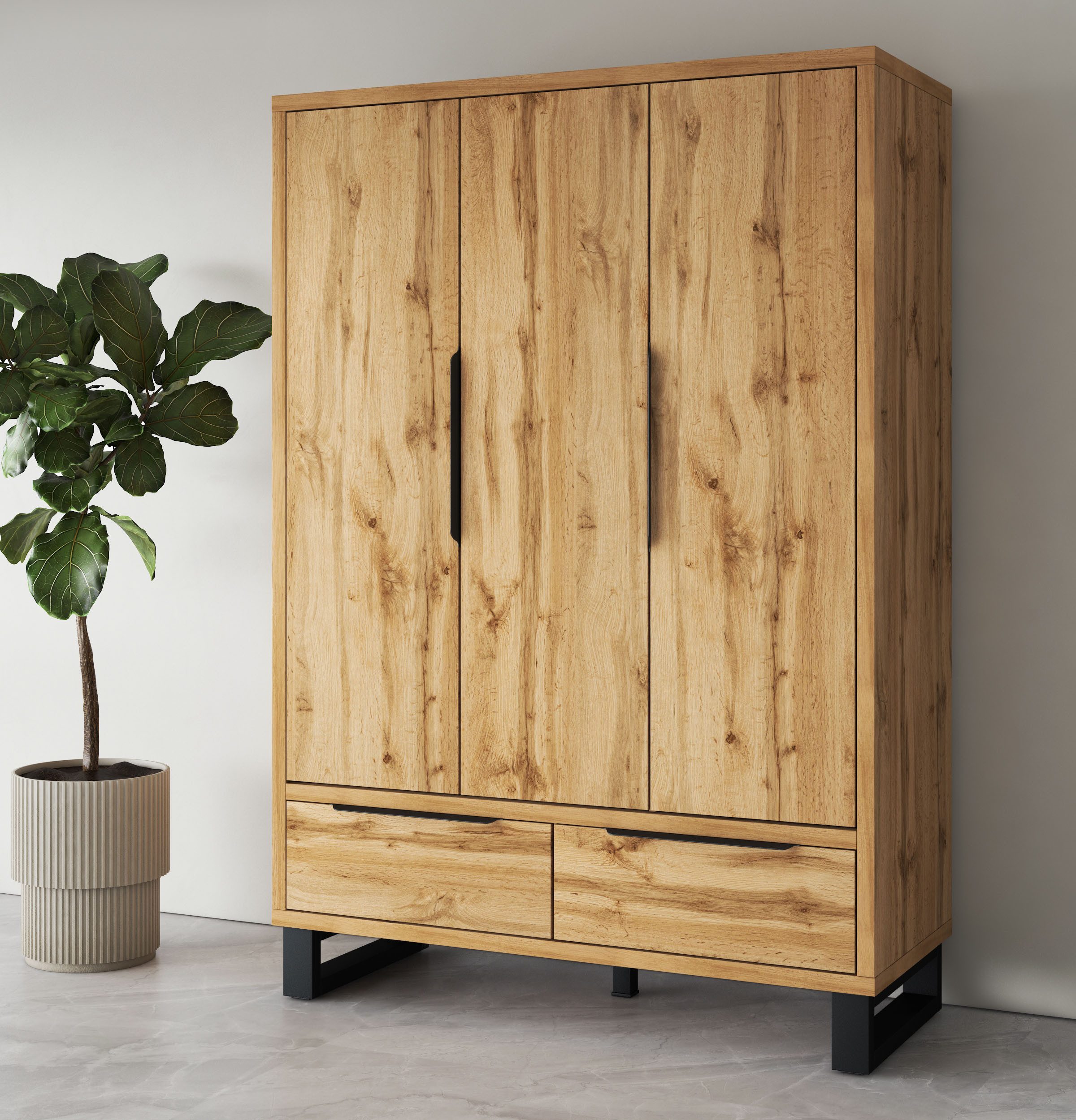 Home affaire Drehtürenschrank Bronne,Breite 145 cm, Kleiderschrank inclusive Innenausstattung Kleiderschrank, 2 Schubladen, Metallgriffe, Garderobe