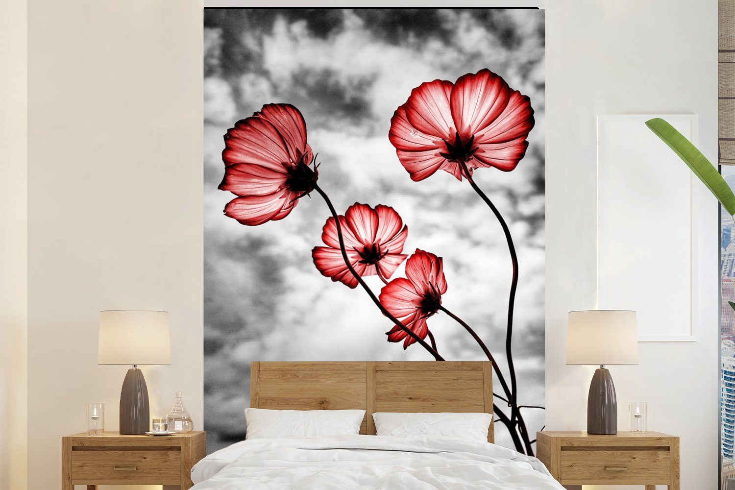 MuchoWow Fototapete Blumen - Schwarz - Weiß - Rot, Matt, bedruckt, (3 St), Montagefertig Vinyl Tapete für Wohnzimmer, Wandtapete