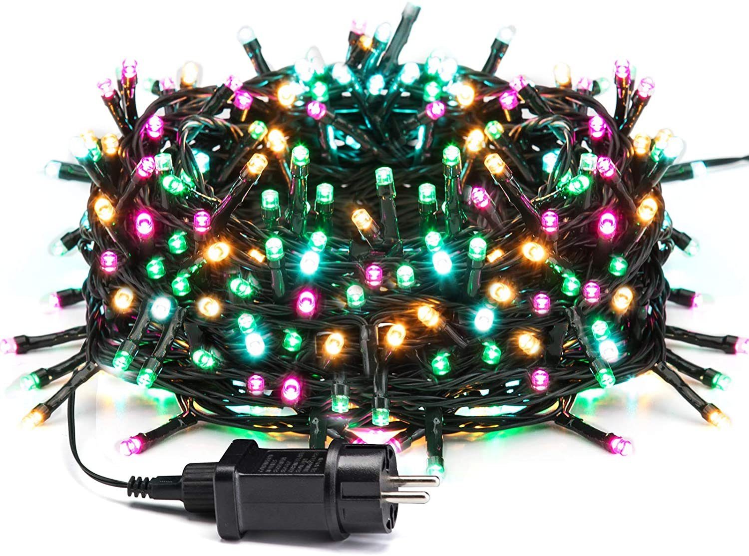 Quntis Lichterkette 100M Cluster Lichterkette bunt außen Weihnachtsdeko, 200-flammig, IP44 und 8 Modi, LED-Lichtervorhang für Weihnachtsbäume