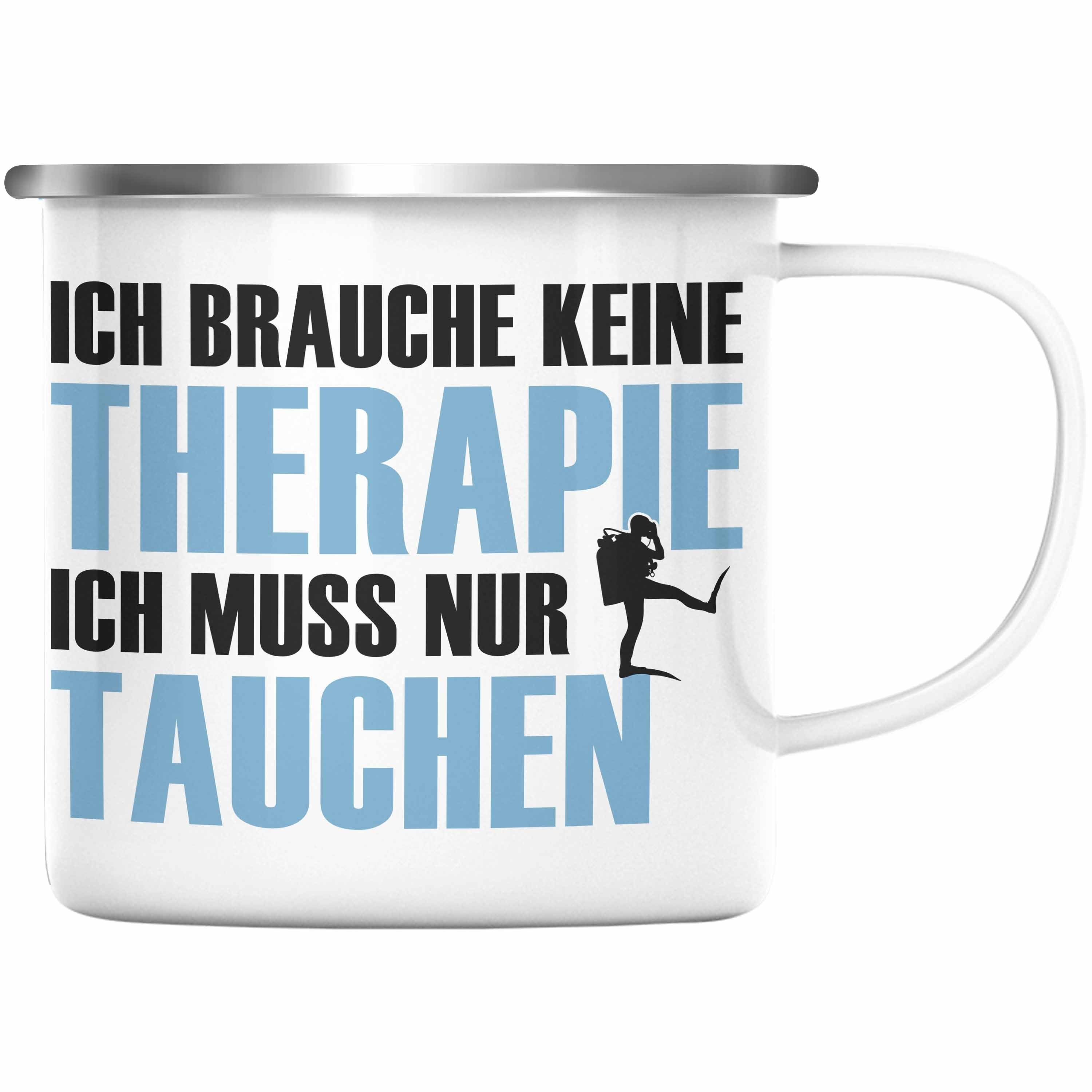 Trendation Thermotasse Trendation - Taucher Emaille Tasse Geschenk KaffeeEmaille Tasse Geschenkidee Männer Tauchen Evolution Grafik Tauchlehrer Tauchsportler Becher Profitaucher Silber