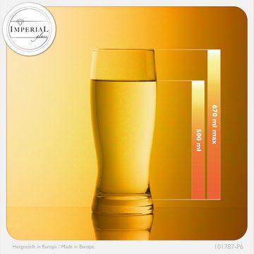 IMPERIAL glass Bierglas Biergläser aus Glas 500ml (max 670ml) Set 6-Teilig, Crystalline Glas, Bierseidel Weizengläser hohes Bierglas 0,5L Weizenbiergläser