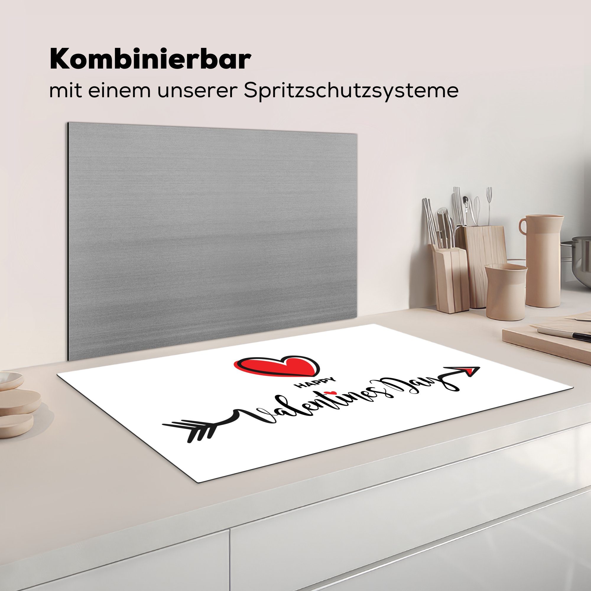 MuchoWow eines Pfeils Herdblende-/Abdeckplatte Valentinstag Arbeitsplatte tlg), das "Happy, Ceranfeldabdeckung, küche 83x51 Illustration Vinyl, Zitat für und cm, (1