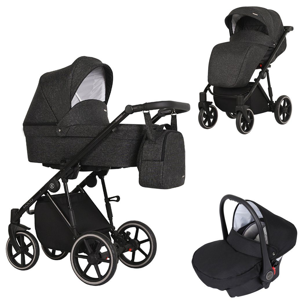 babies-on-wheels Kombi-Kinderwagen Molto 3 in 1 inkl. Autositz - 13 Teile - von Geburt bis 4 Jahre Schwarz = schwarzes Gestell