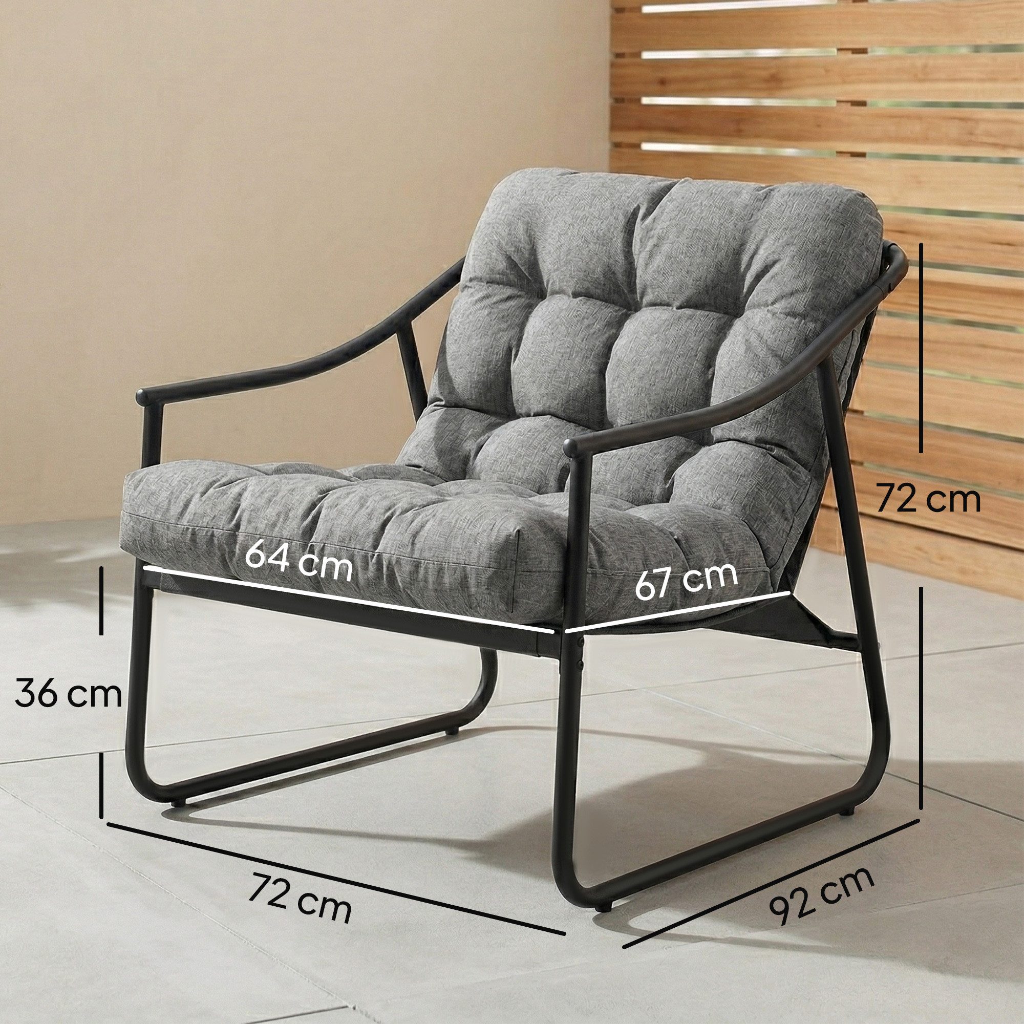 Outsunny Gartensofa Gartensessel mit abnehmbarem Sitzkissen Armlehne, Gartenstuhl 1 Teile, bis 120 kg belastbar, für Garten, Balkon, Dunkelgrau