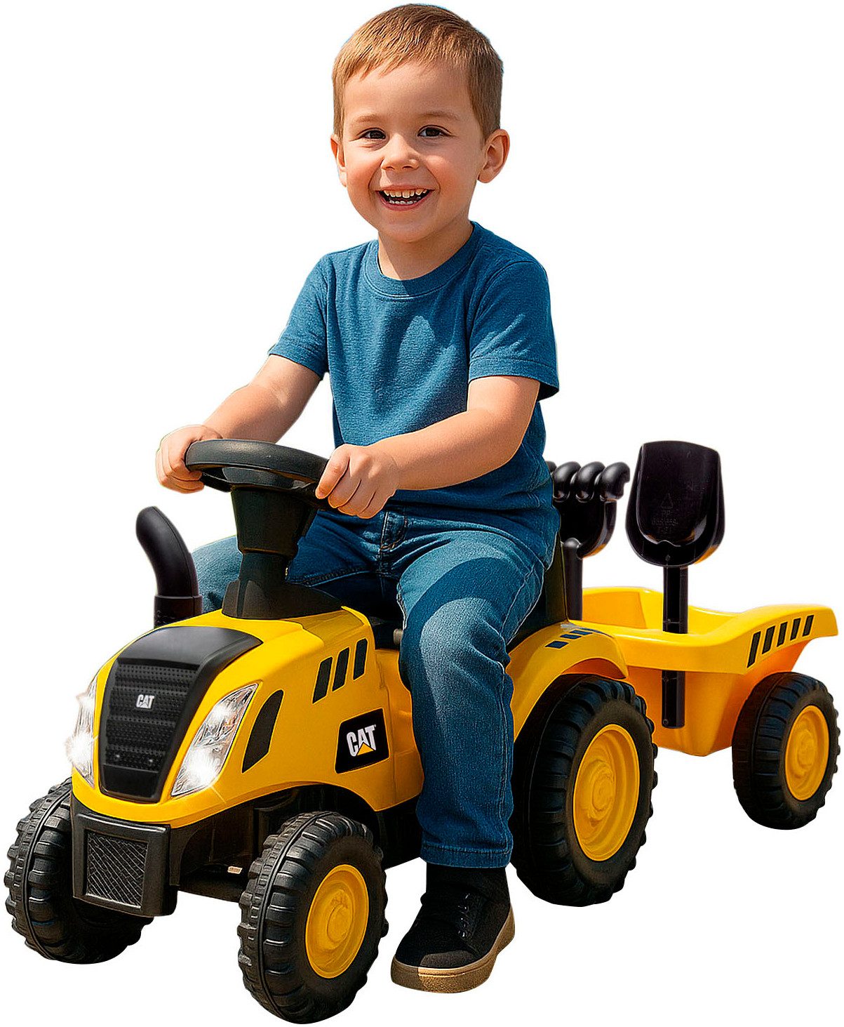 Jamara Rutscher Caterpillar Traktor mit Anhänger 2in1, gelb, mit Licht- und Soundeffekten sowie Hupe – Bild 5 von 5