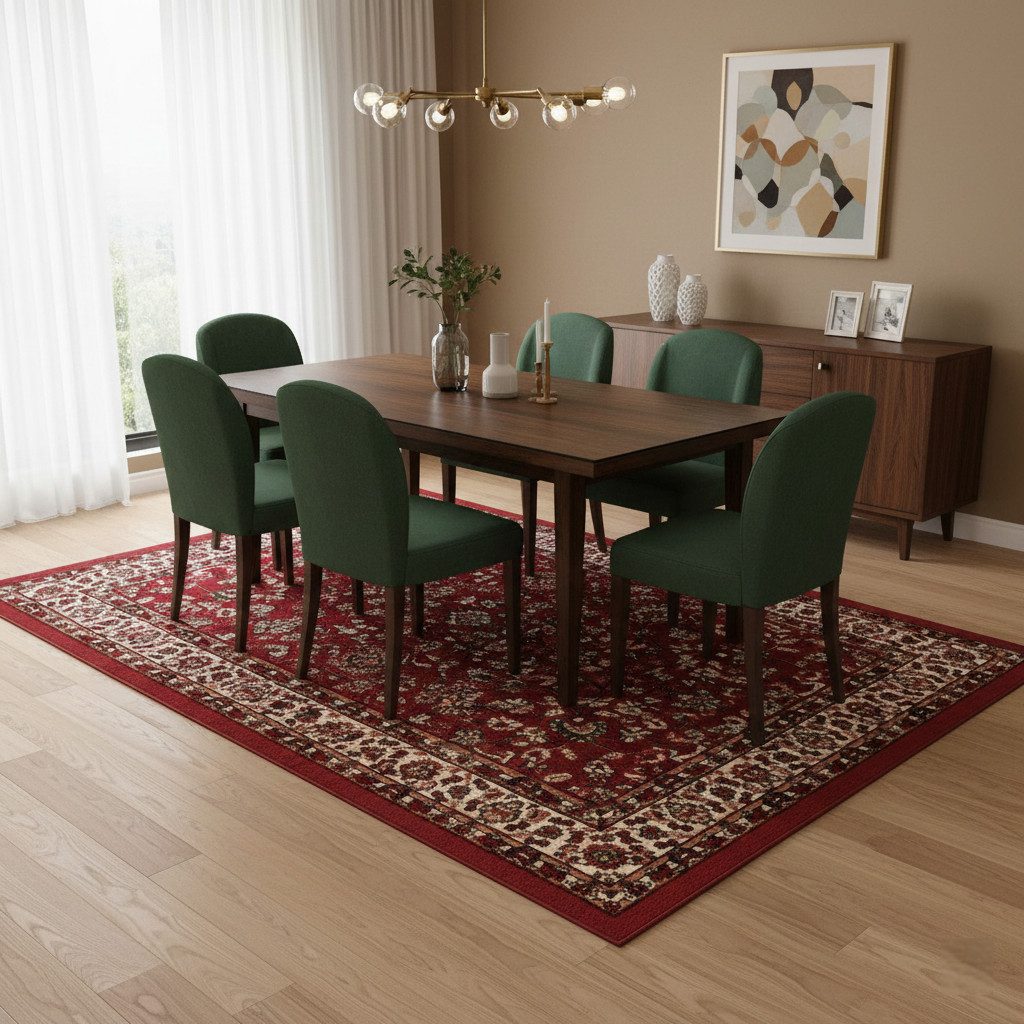 Vimoda Orientteppich Klassischer Teppich Kurzflor in Grün, Beige, Rot & Grau, Rechteckig, Höhe: 6 mm, Kunstvollem Klassik Muster Blumen GRÜN, Braun & Schwarz