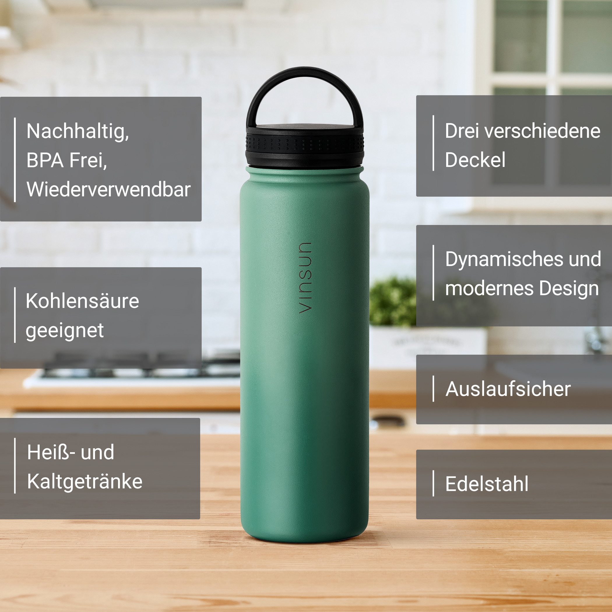 Vinsun Isolierflasche Edelstahl Trinkflasche 500ml, 3 Deckel, auslaufsicher, doppelwandig, 3 Deckel - Strohhalm, Trinköffnung, Schraubverschluss