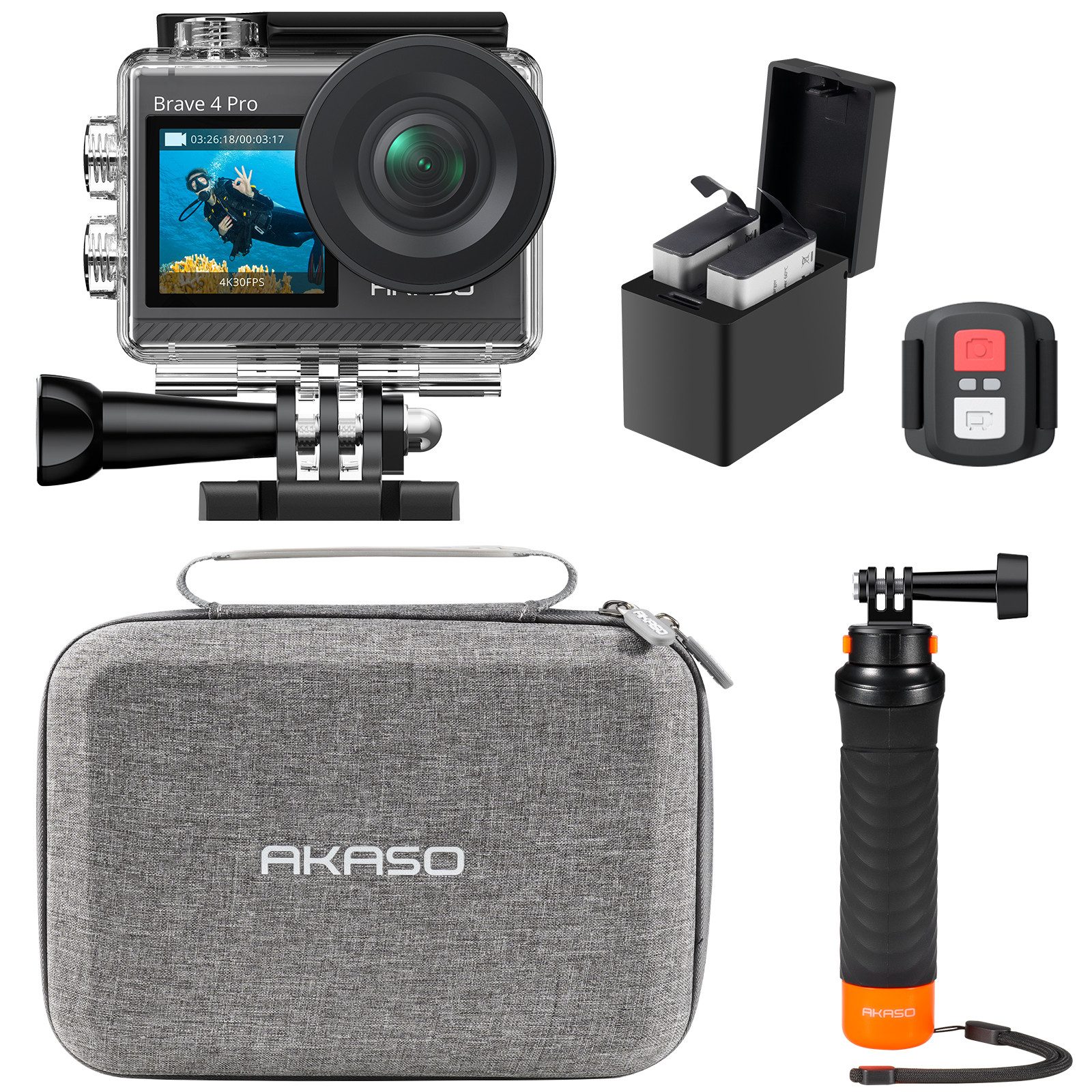 Akaso Brave 4 Pro Wassersport-Bundle mit Schwimmgriff & Tasche Action Cam (4K Ultra HD, WLAN 2.4 GHz, Wasserdicht, EIS, Fernbedienung, Duale Farbbildschirme)
