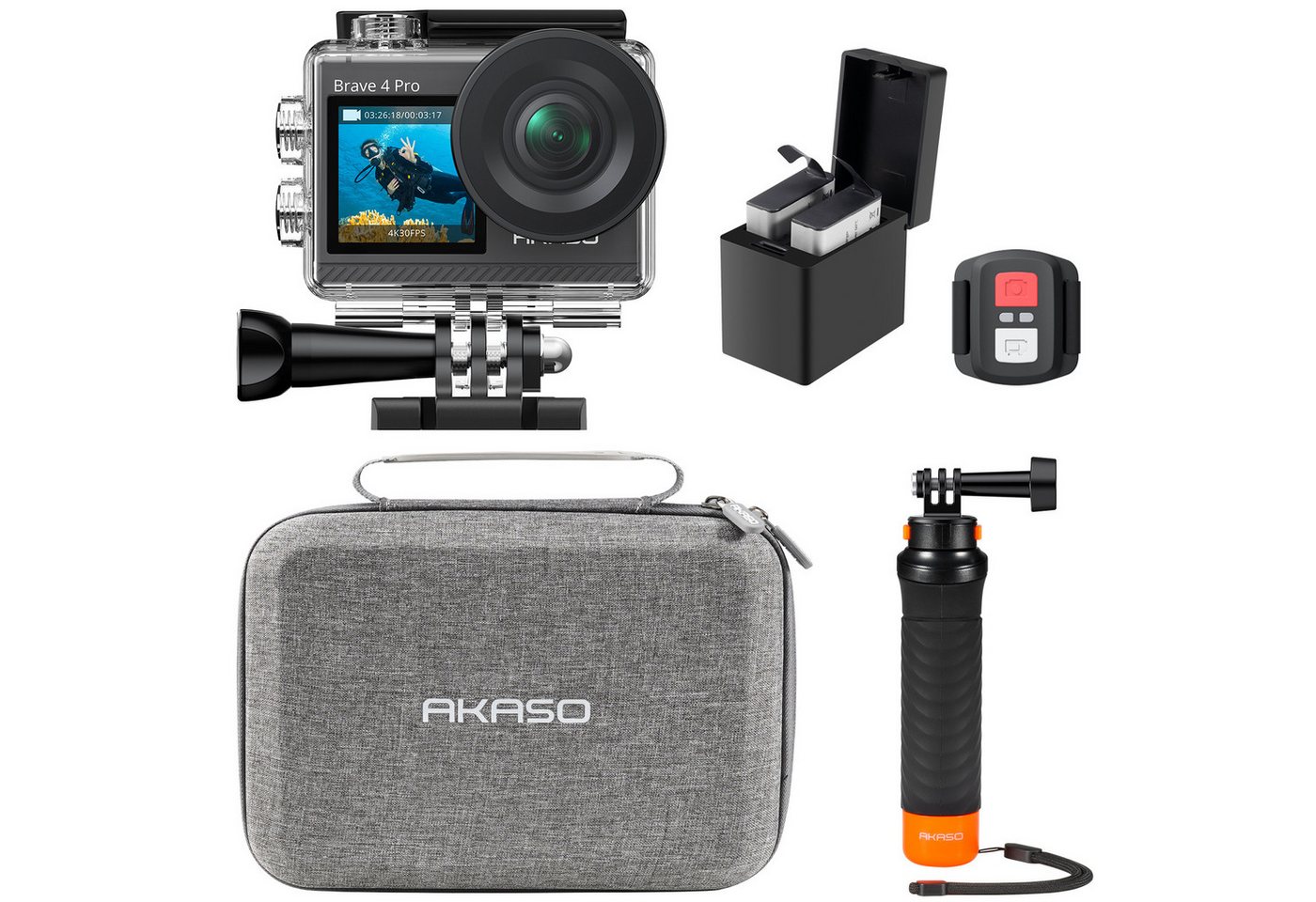 Akaso Brave 4 Pro Wassersport-Bundle mit Schwimmgriff & Tasche Action Cam (4K Ultra HD, Wasserdicht, EIS, Fernbedienung, Duale …