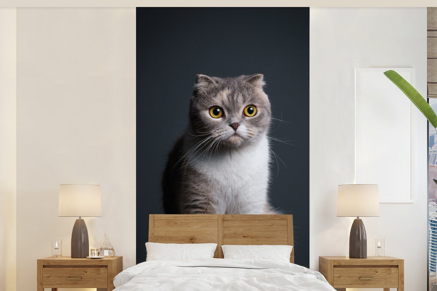 MuchoWow Fototapete Katze - Haustiere - Licht, Matt, bedruckt, (2 St), Vliestapete für Wohnzimmer Schlafzimmer Küche, Fototapete