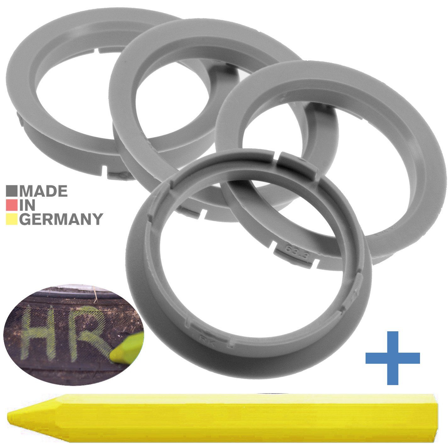 RKC Reifenstift 4X Zentrierringe Hellgrau Felgen Ringe + 1x Reifen Kreide Fett Stift, Maße: 63,3 x 54,1 mm