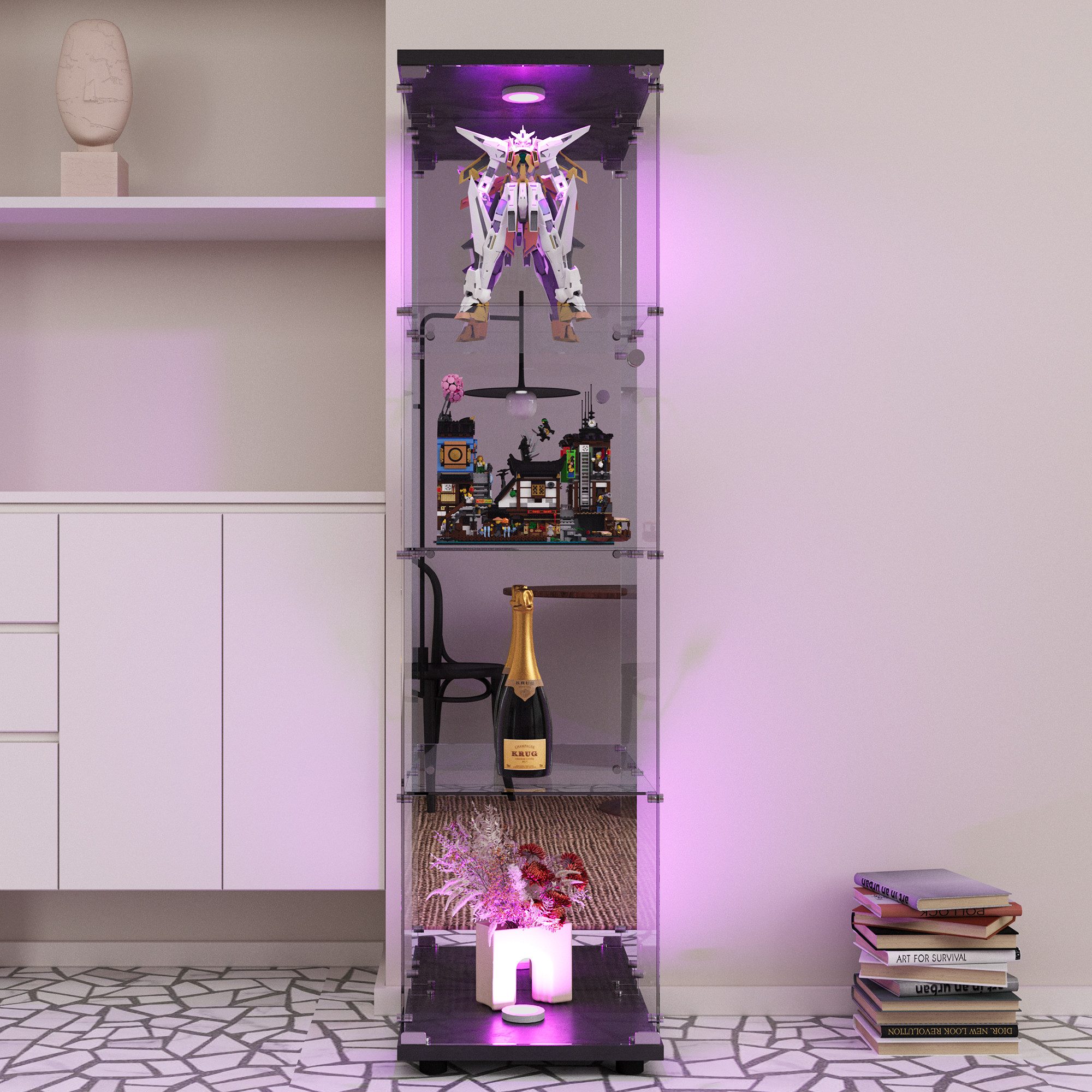 Furnishings Home Vitrine Glasvitrine stehend LED Standvitrine mit Glastüren, 2 bis 4 Ebenen Mit LED-Beleuchtung, Sicherheitsschloss