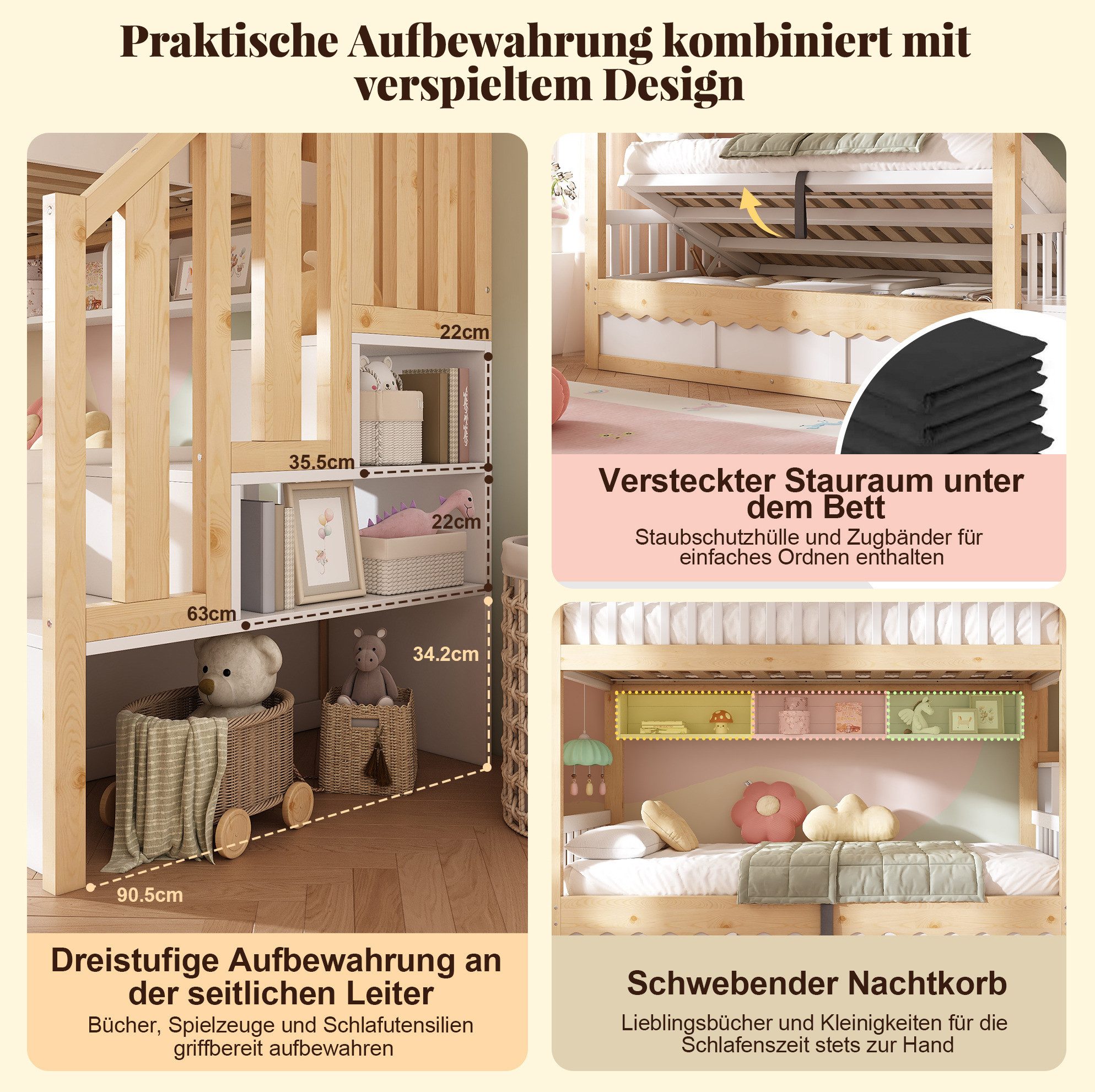 MODFU Etagenbett Kompaktes Kinder-Hochbett – 252×98×170 cm mit Stauraum & Treppe (Packung, Weiß+Eiche, mit H10cm Matratzen, für Kinderzimmer & Gäste), 2×90×200 cm, Regale, Hydraulik, sicher