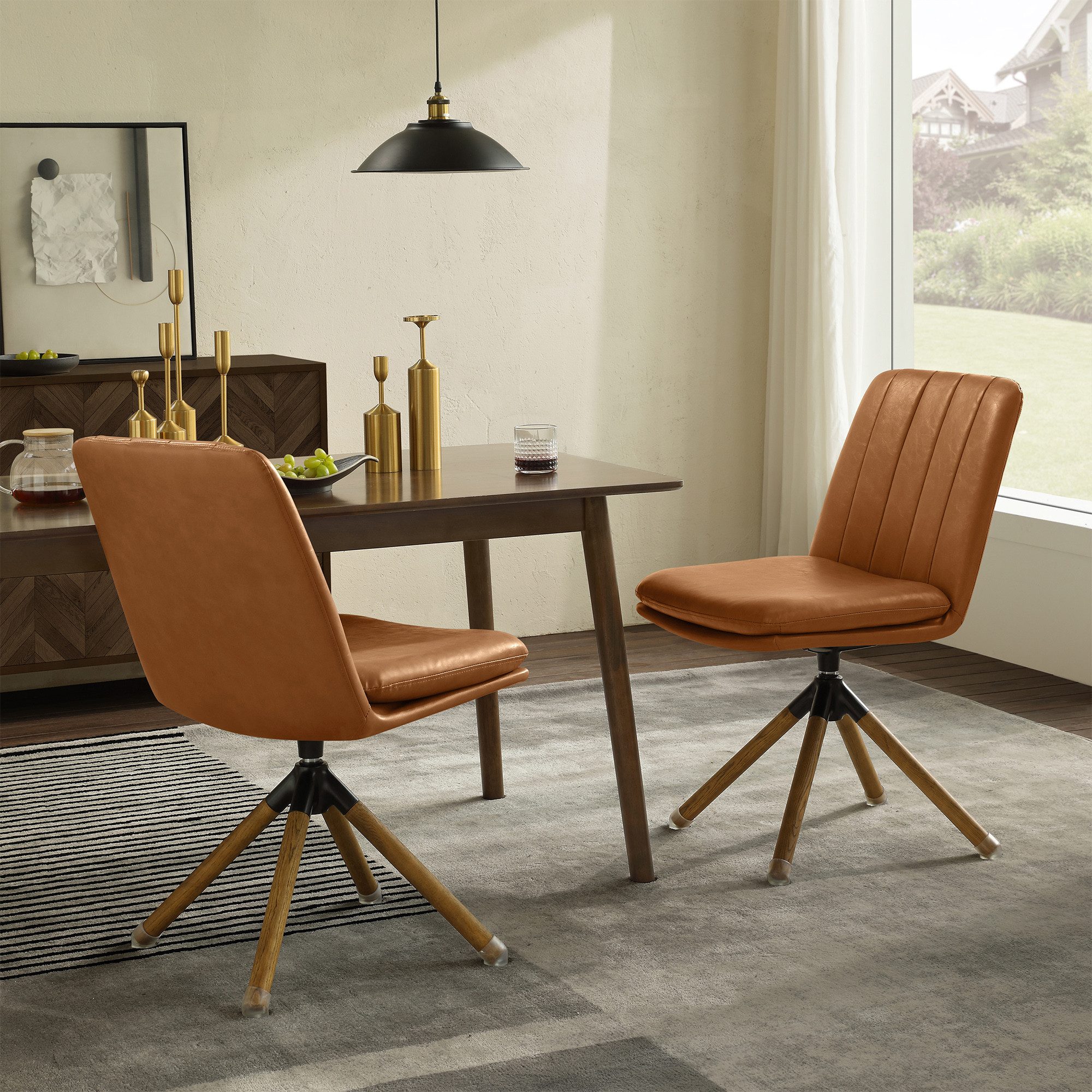 Art Leon Esszimmerstuhl CC058 (Mid Century Modern Drehstuhl ohne Rollen Farbe in Braun/Grün), Grün Kunstleder gepolsterter Bürostuhl mit Holzbeine