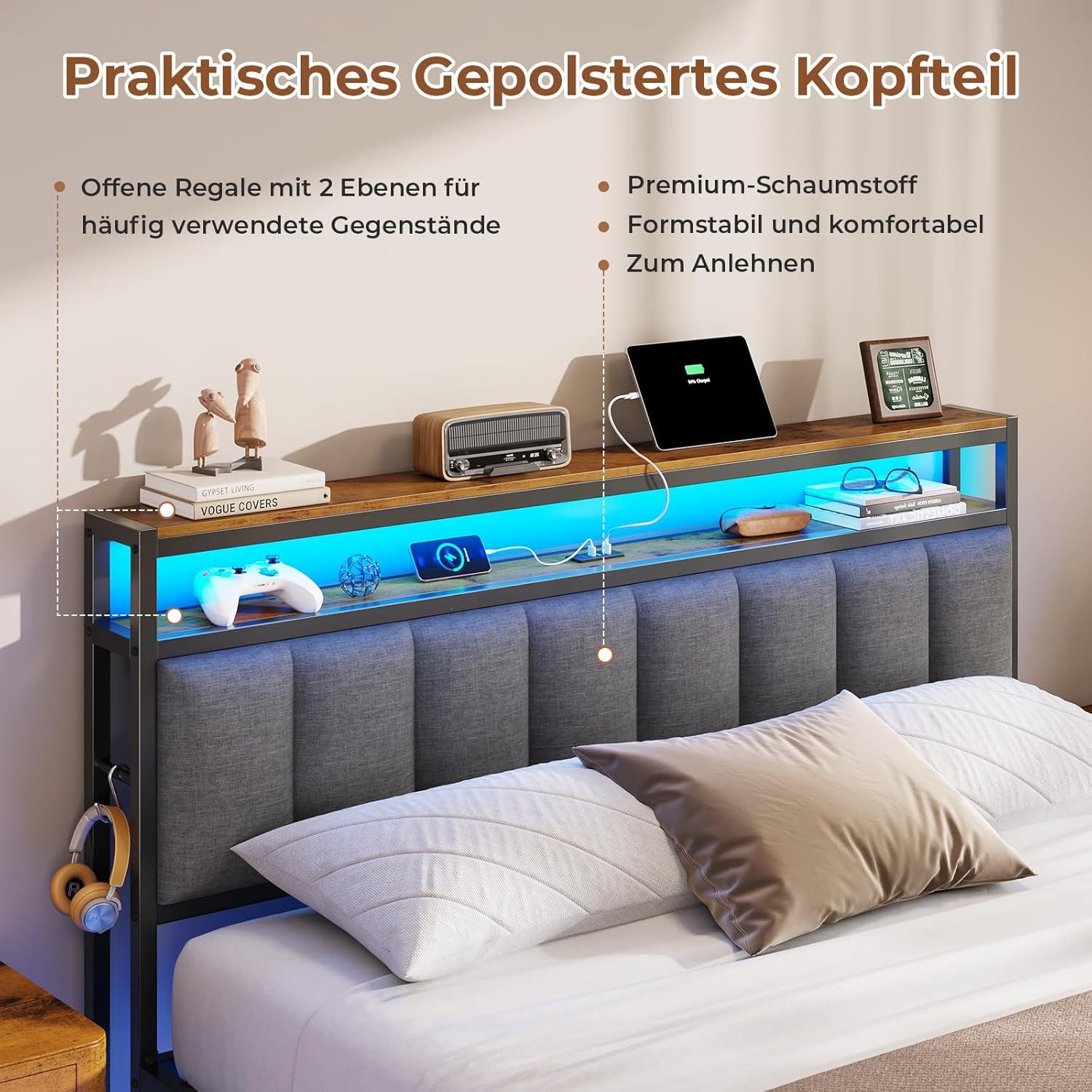 MSMASK Polsterbett mit Ladestation und LED-Beleuchtung, Dunkelgrau, 140x210cm, ohne Matratze – Bild 4 von 5